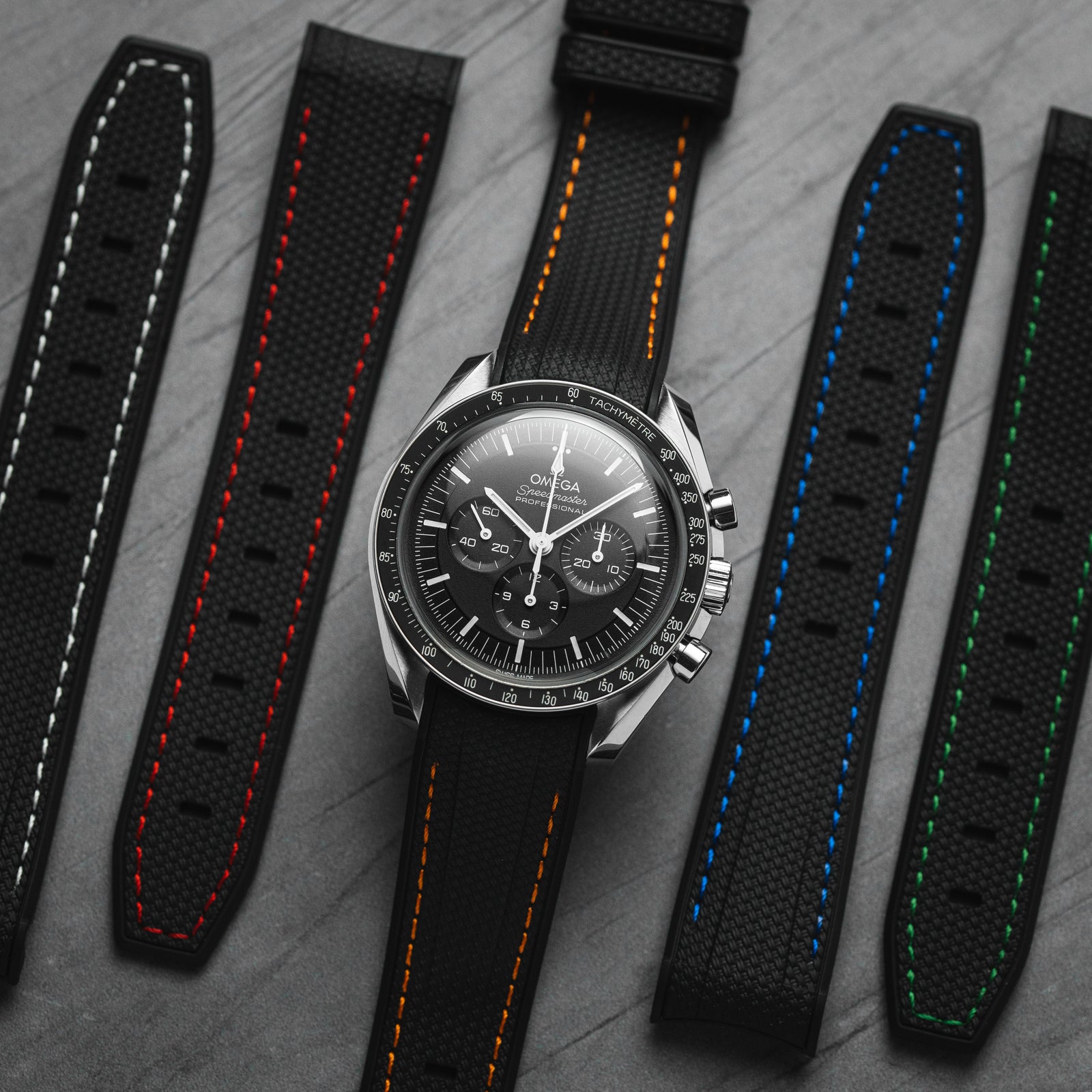 Textured Curved End Rubber Strap - Black with Blue Stitch (2405)