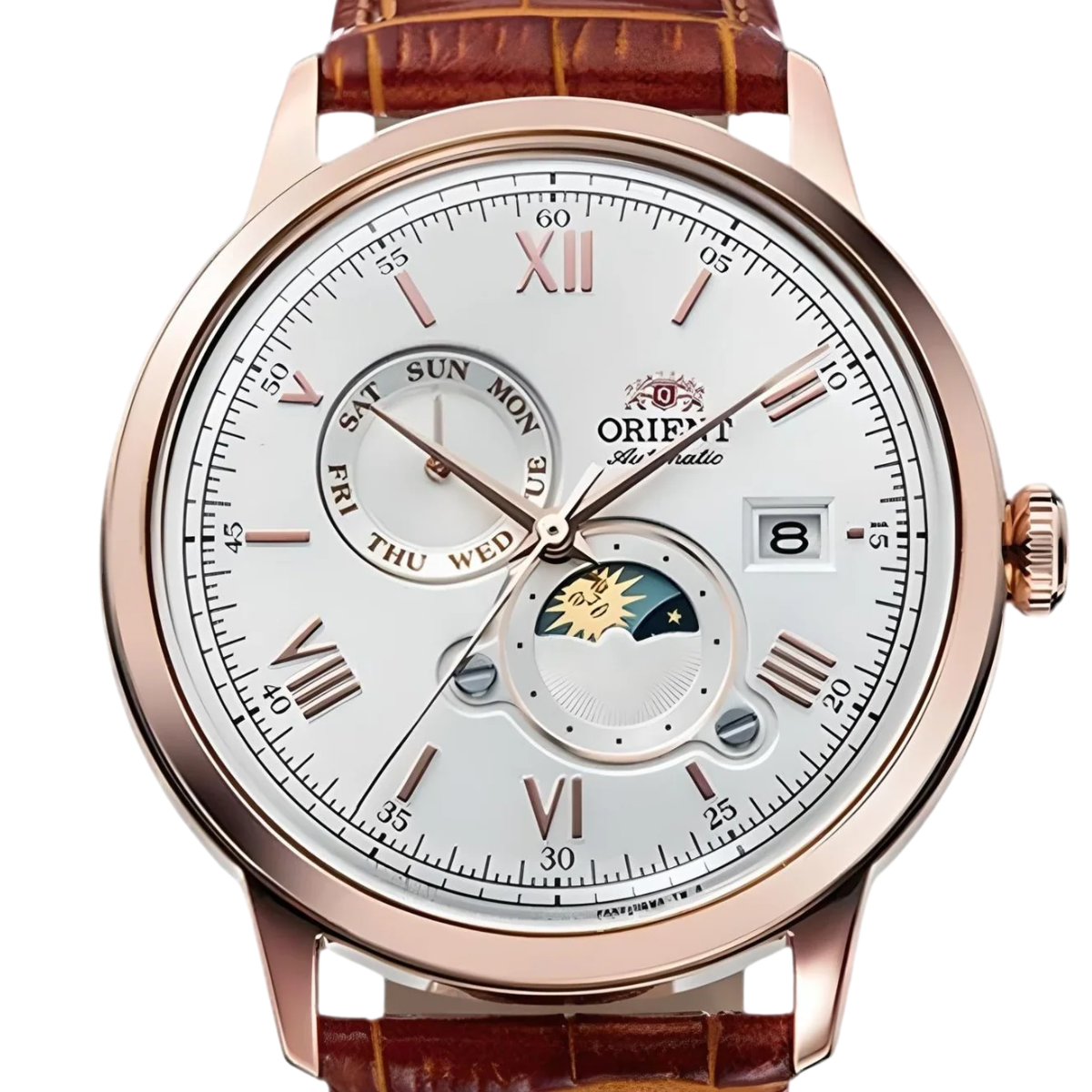 Orient RA-AK0801S Bambino Version 9 Sun & Moon White Dial Leather Classic Watch