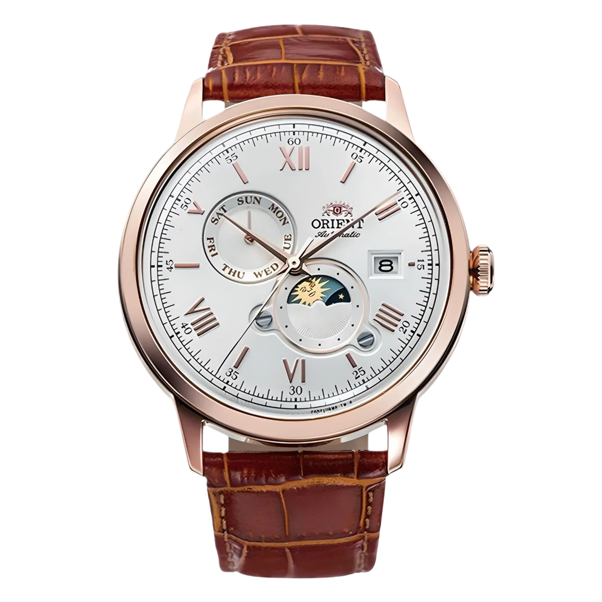 Orient RA-AK0801S Bambino Version 9 Sun & Moon White Dial Leather Classic Watch