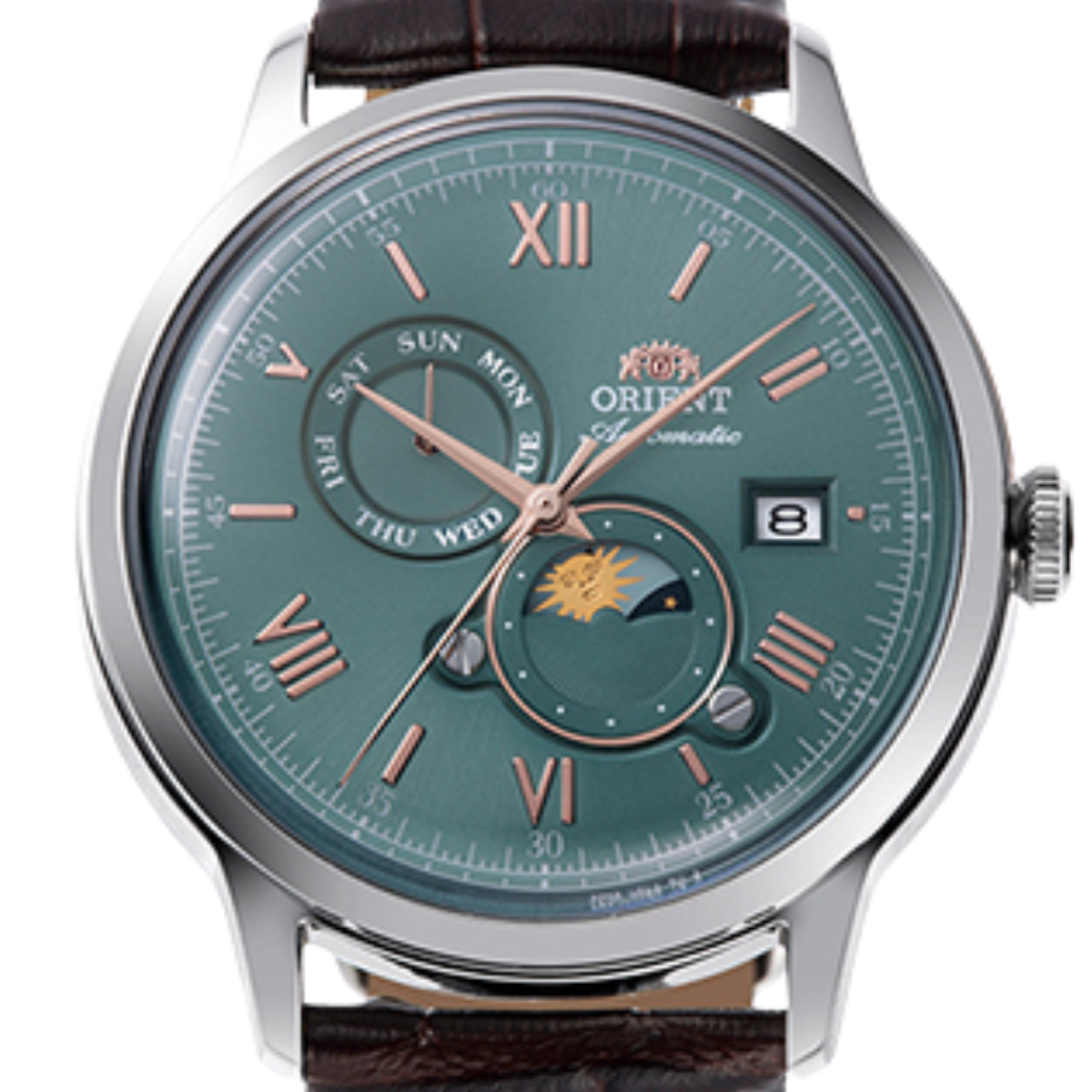 Orient RA-AK0805E Bambino Sun & Moon Automatic Green Dial Leather Watch