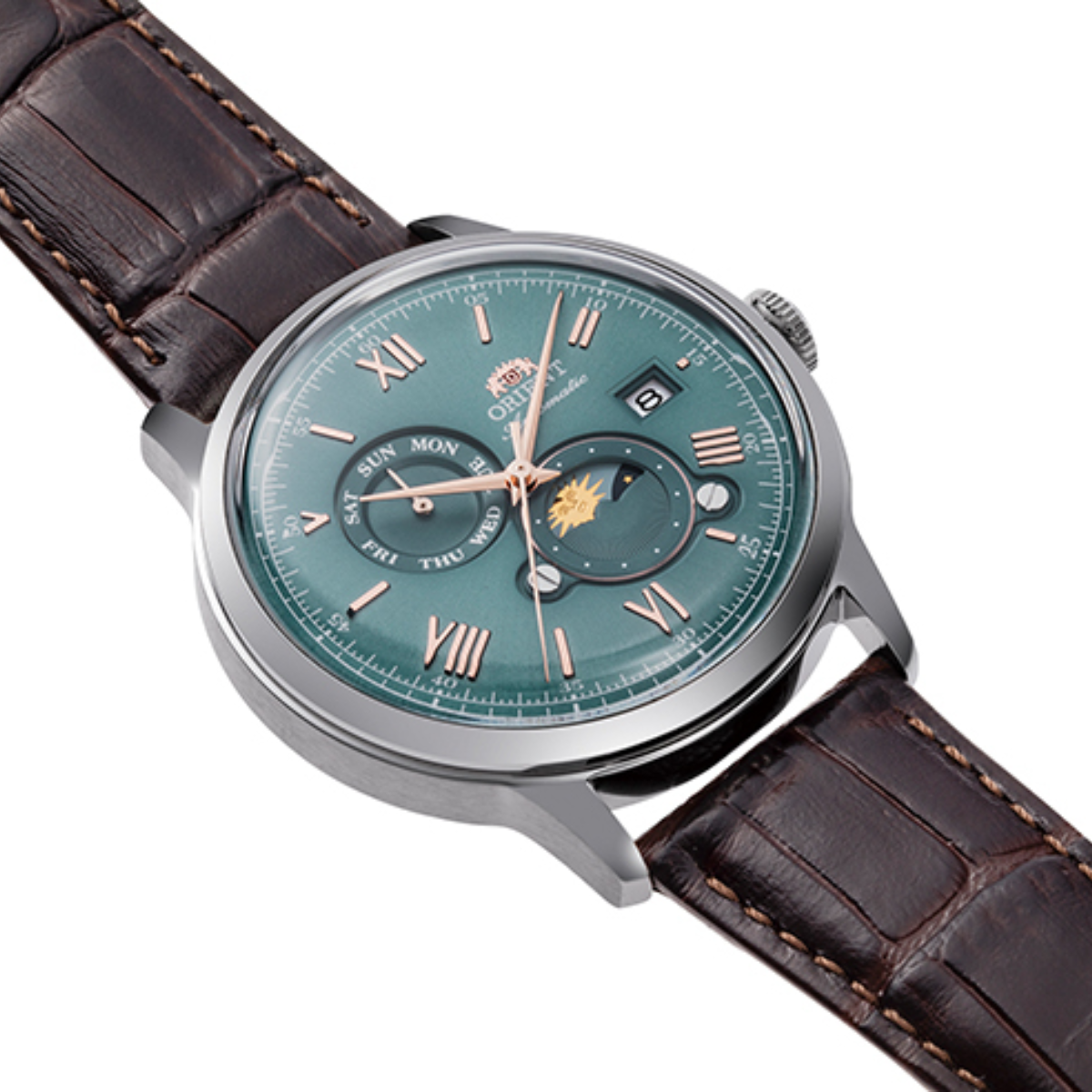 Orient RA-AK0805E Bambino Sun & Moon Automatic Green Dial Leather Watch