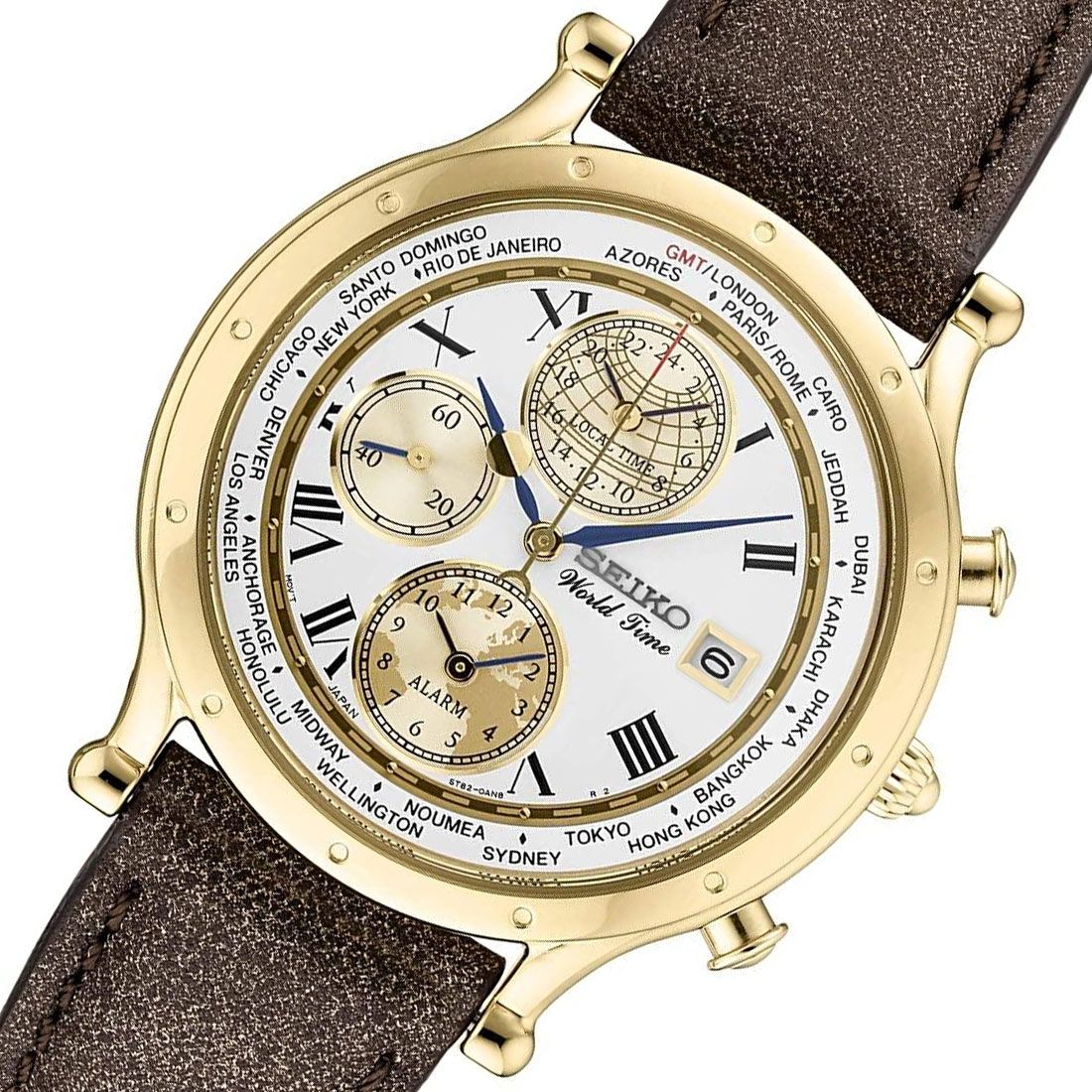 Seiko Age Of Discovery World Time Leather Watch SPL060P1 SPL060P SPL060 -Seiko