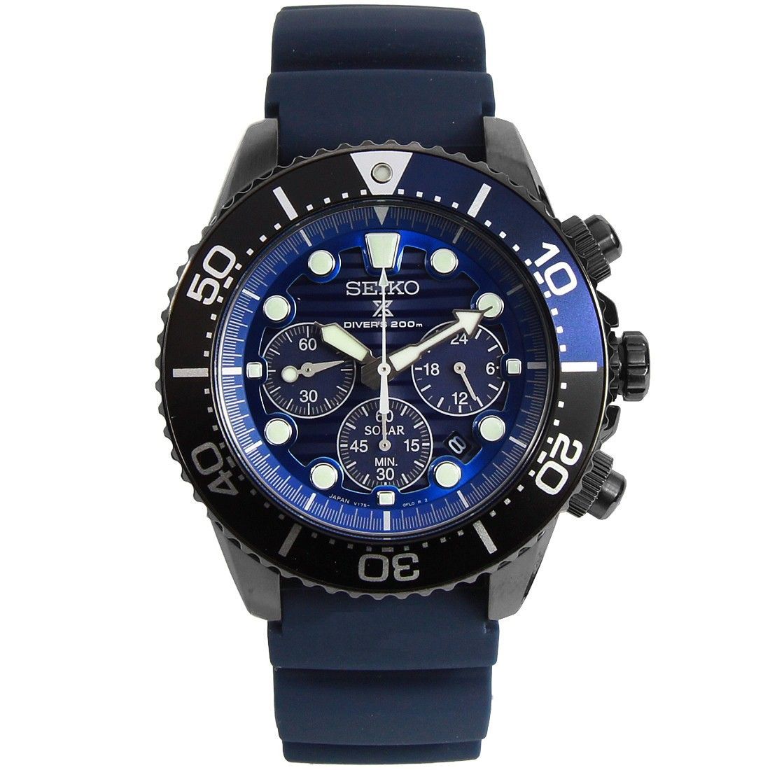 Seiko Solar Prospex SBDL057 Blue Rubber Chronograph Diving Watch 