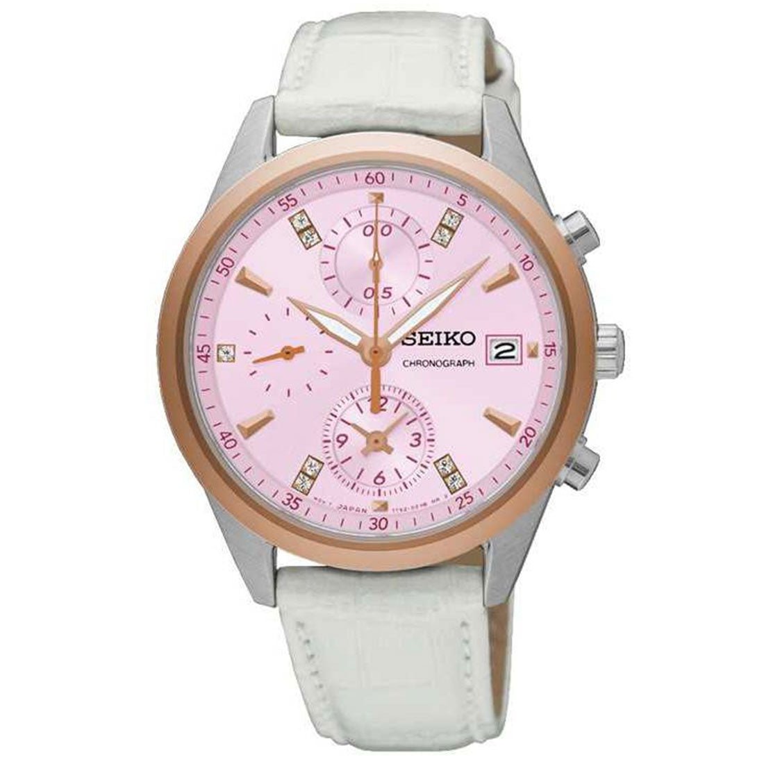 Seiko Womens SNDV50P1 SNDV50 Chronograph Pink Dial Leather Watch -Seiko