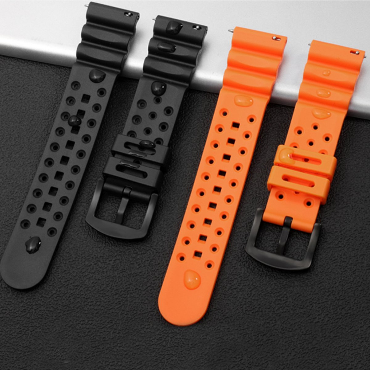 Laser Dice Quick-Release FKM Rubber Strap Black Silver Pin Buckle -StrapSeeker