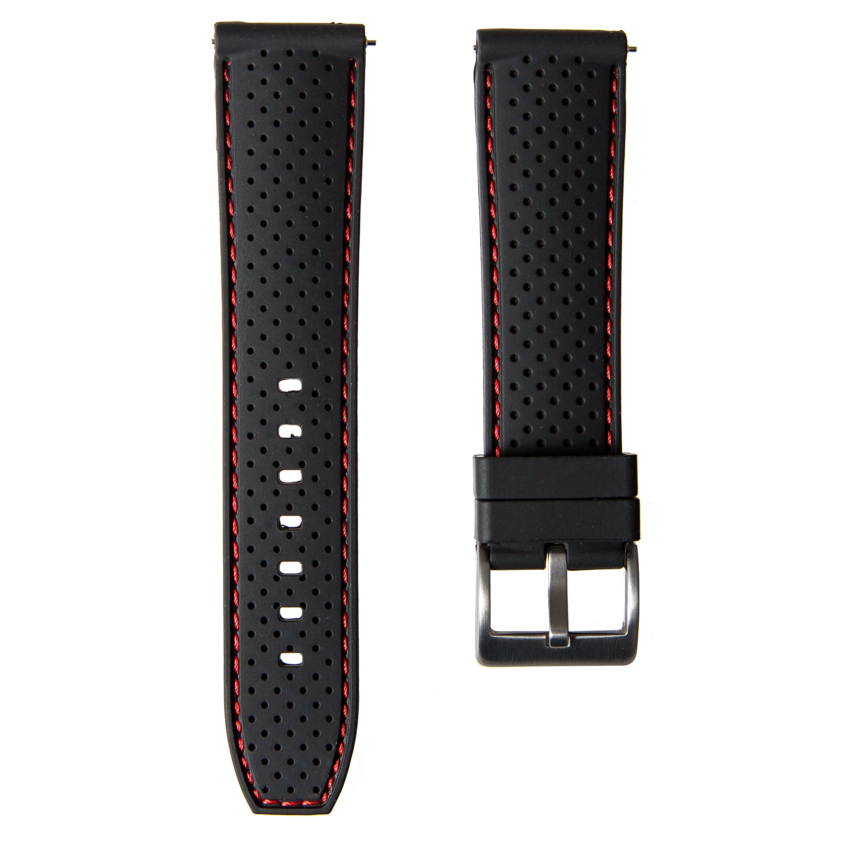 Perforated Stitch Soft Silicone Strap - Quick-Release - Black with Red Stitch (2401)
