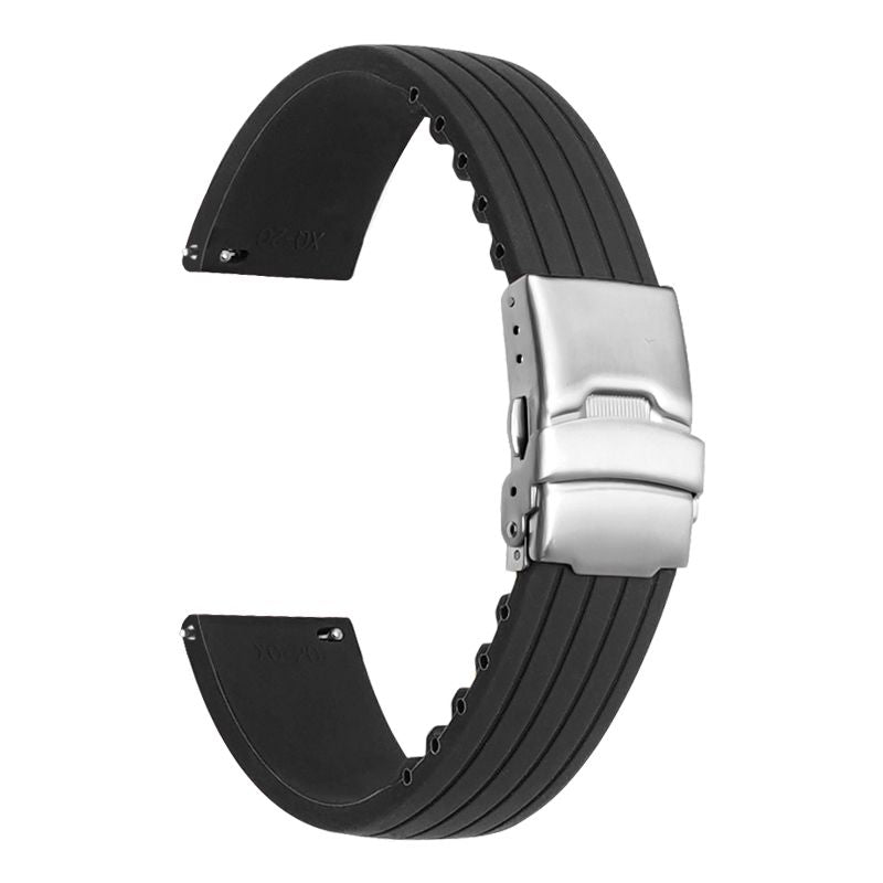 Stripe Cut-to-Length Soft Silicone Strap-Quick Release-Deployment Clasp-Black (2403)