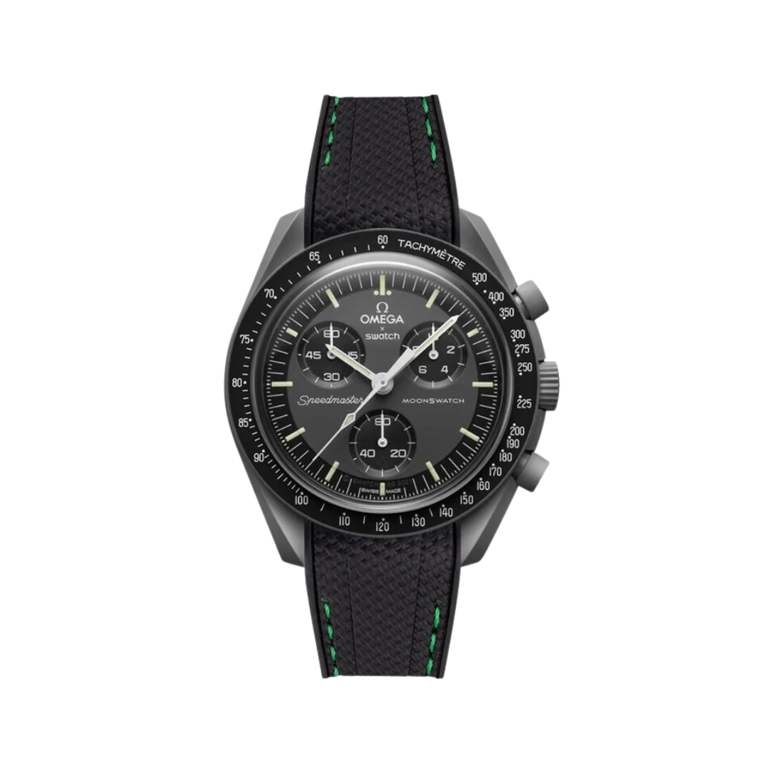 Textured Curved End Premium Silicone Strap - Compatible with Omega x Swatch - Black with Green Stitch (2405)