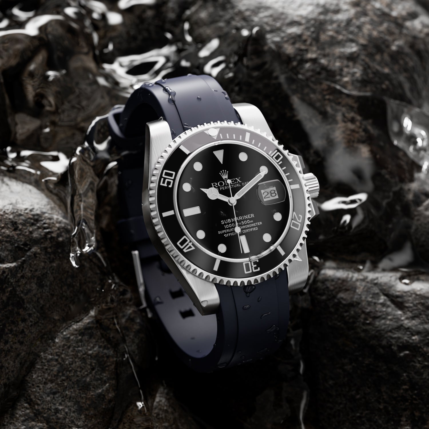 Curved End Soft Silicone Strap -  Compatible with Rolex Submariner - Navy (2418)