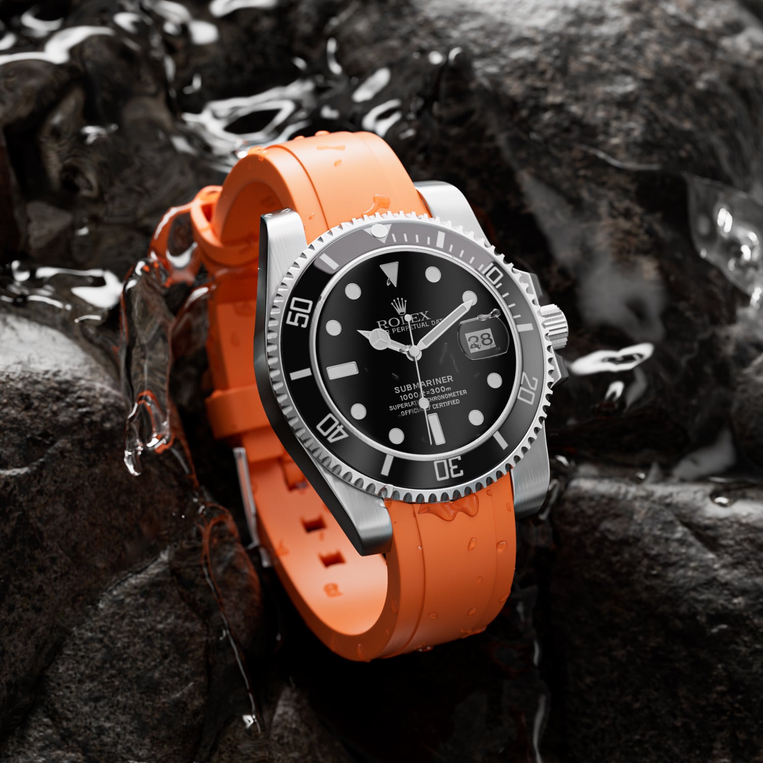 Curved End Soft Silicone Strap -  Compatible with Rolex Submariner - Orange (2418)