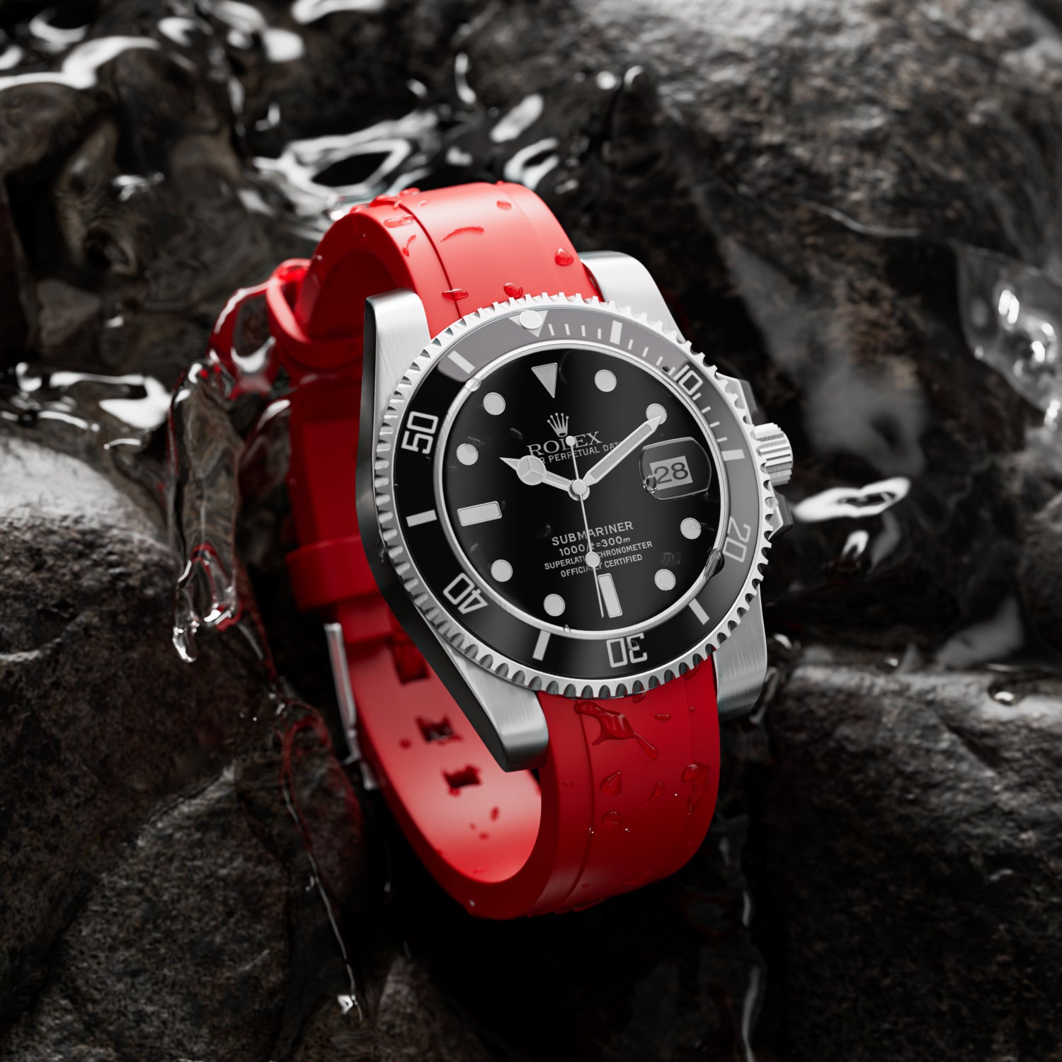 Curved End Soft Silicone Strap -  Compatible with Rolex Submariner - Red (2418)