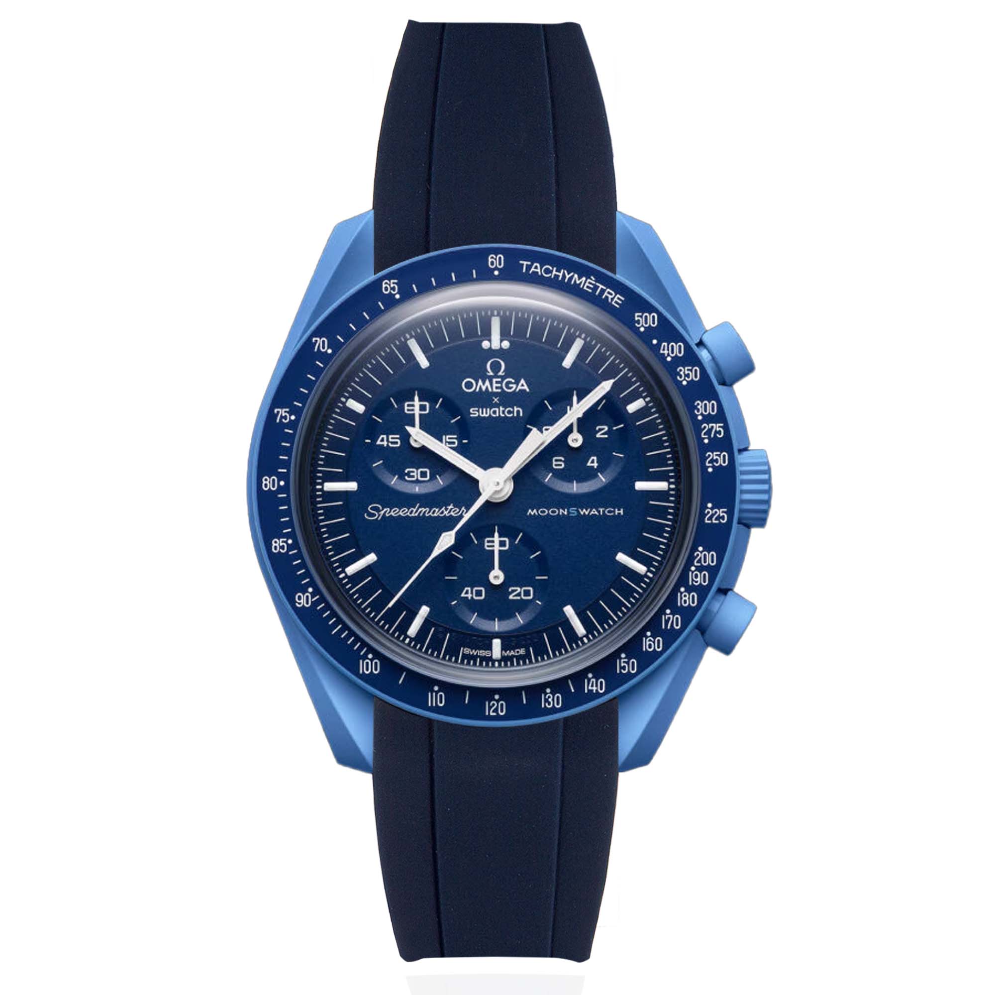 Navy Blue Curved End Rubber Watch Strap | Omega x Swatch
