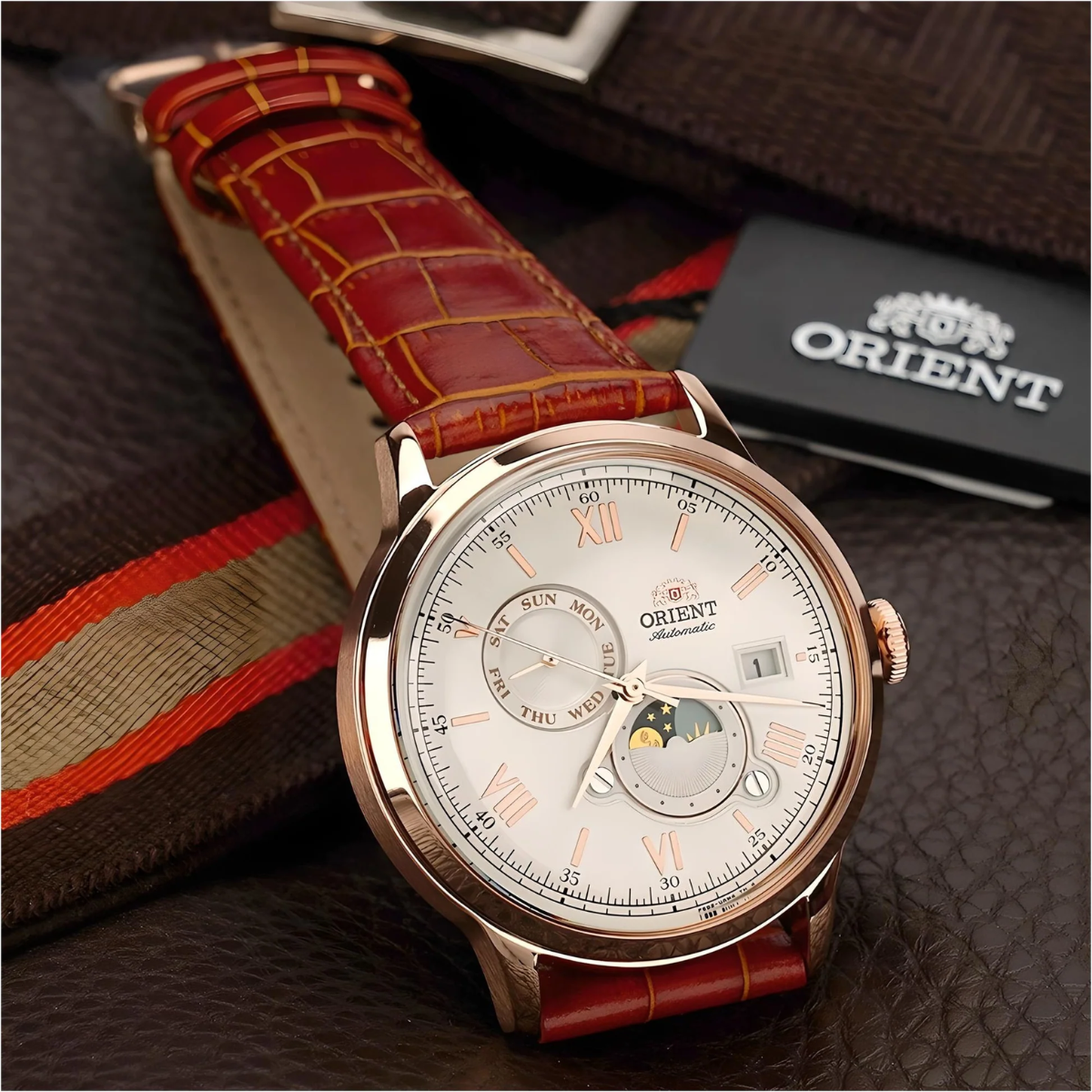 Orient RA-AK0801S Bambino Version 9 Sun & Moon White Dial Leather Classic Watch
