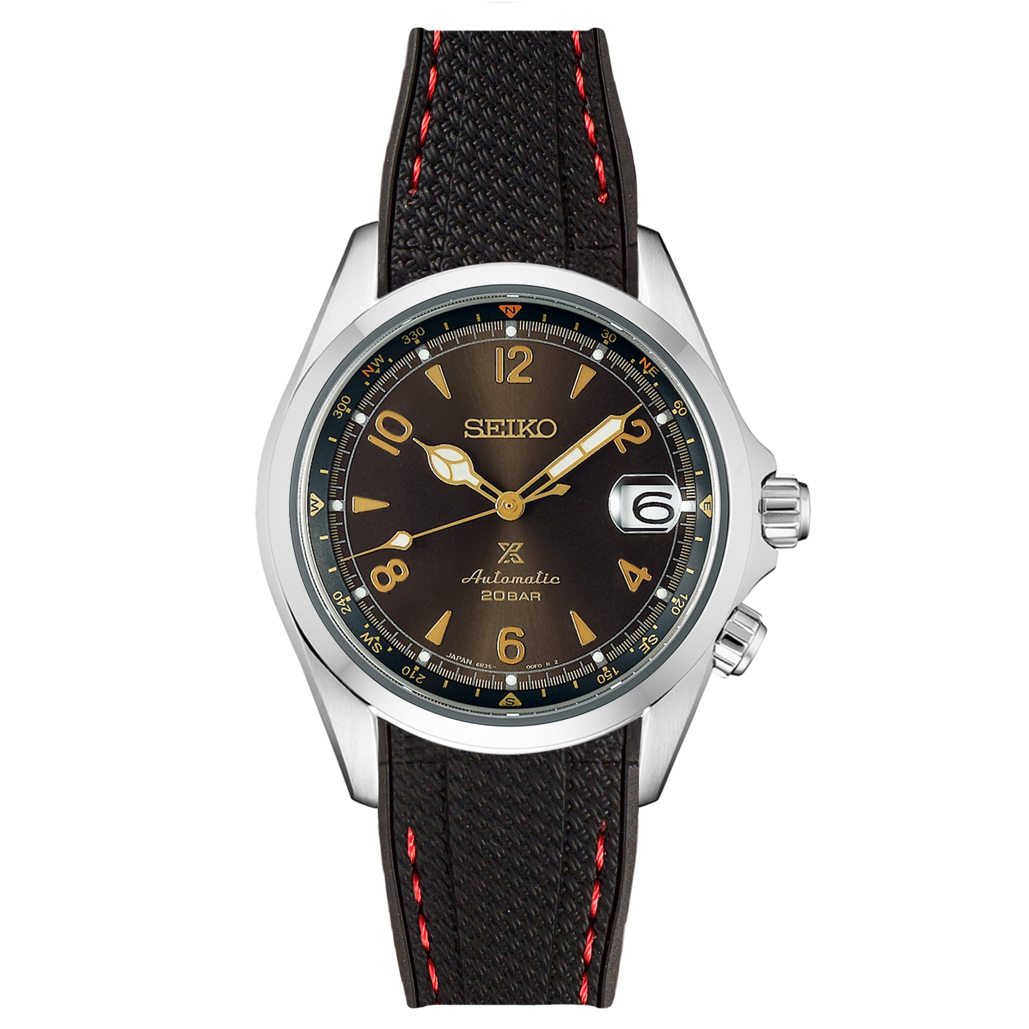 Strapseeker Textured Curved End Rubber Strap for Seiko Alpinist Black with Red Stitch 2405
