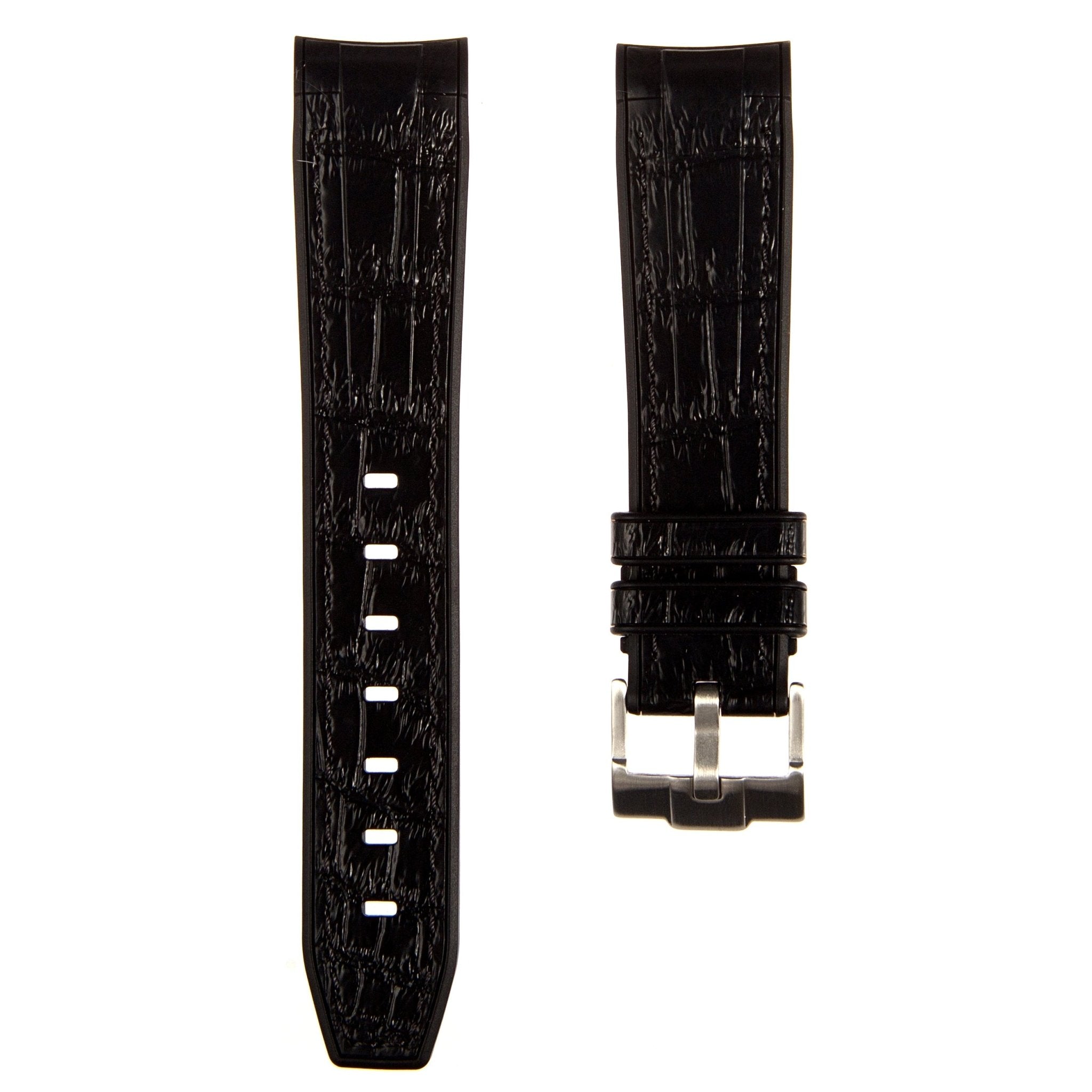 Alligator Embossed Curved End Premium Silicone Strap - Black with Black Stitch (2406) -StrapSeeker