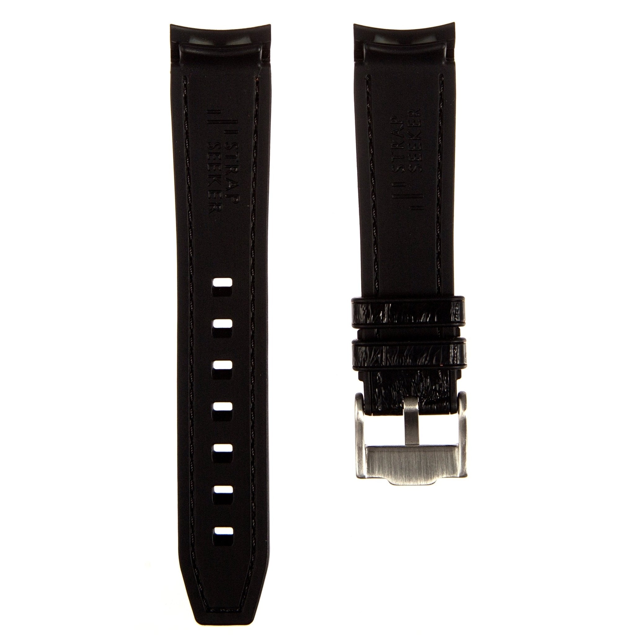 Alligator Embossed Curved End Premium Silicone Strap - Black with Black Stitch (2406) -StrapSeeker