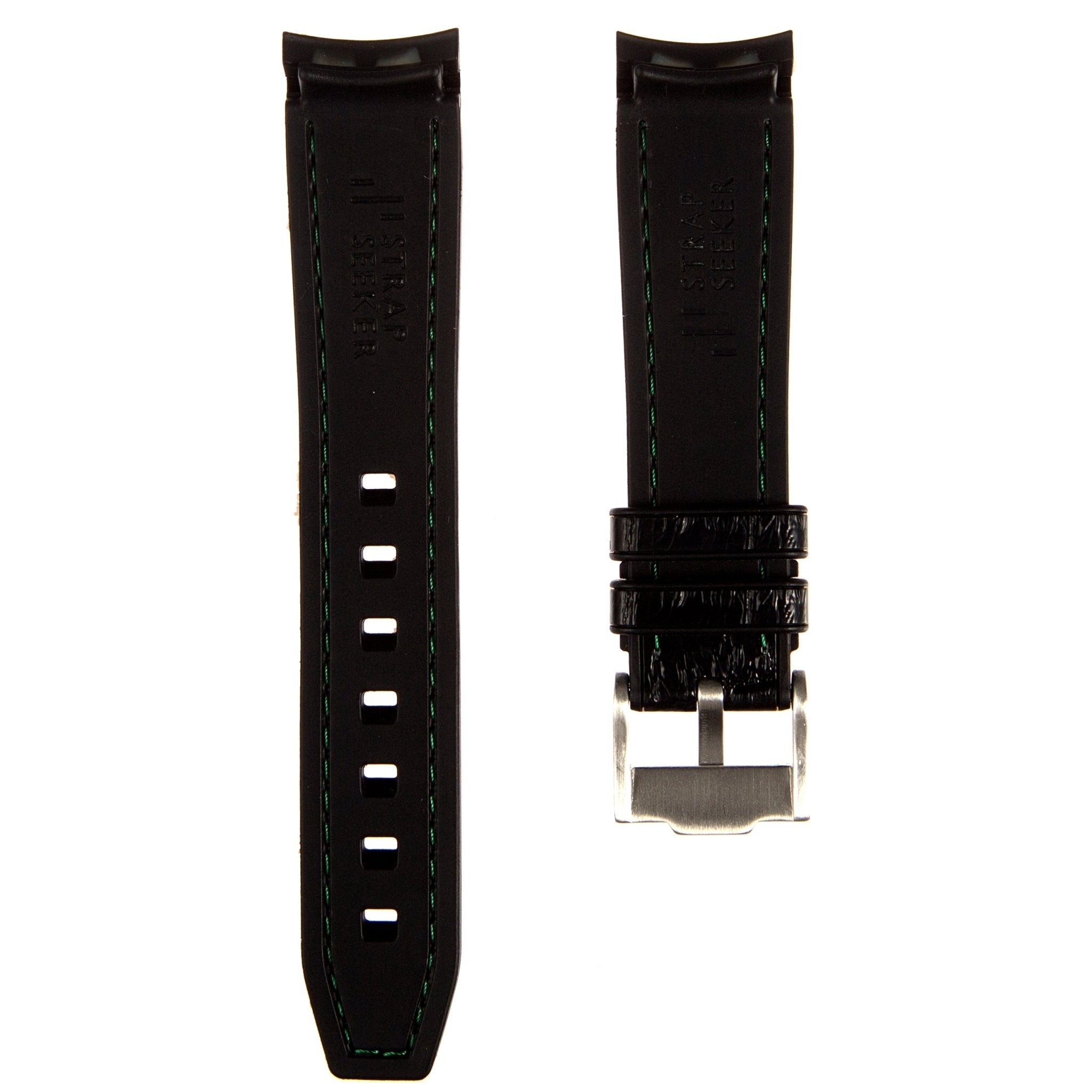 Alligator Embossed Curved End Premium Silicone Strap - Black with Green Stitch (2406) -StrapSeeker
