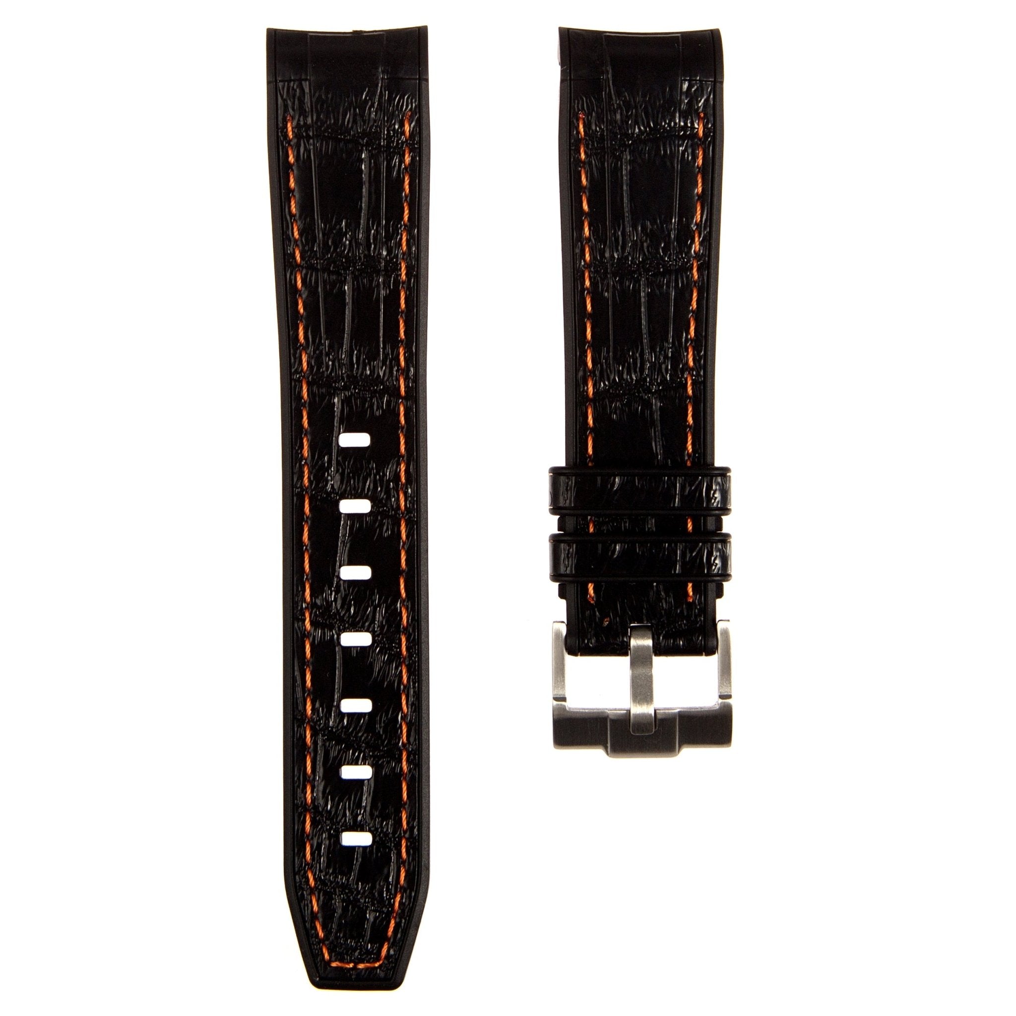 Alligator Embossed Curved End Premium Silicone Strap - Black with Orange Stitch (2406) -StrapSeeker