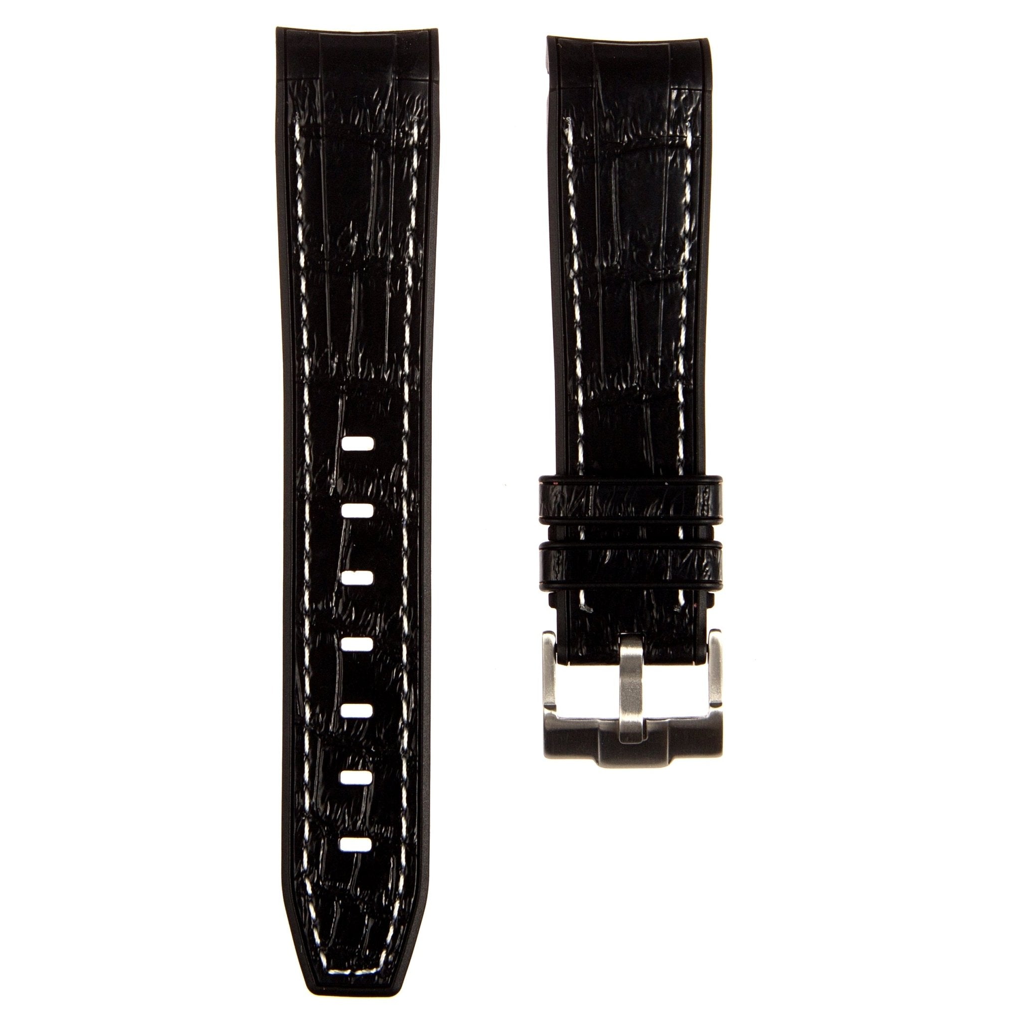 Alligator Embossed Curved End Premium Silicone Strap - Black with White Stitch (2406) -StrapSeeker