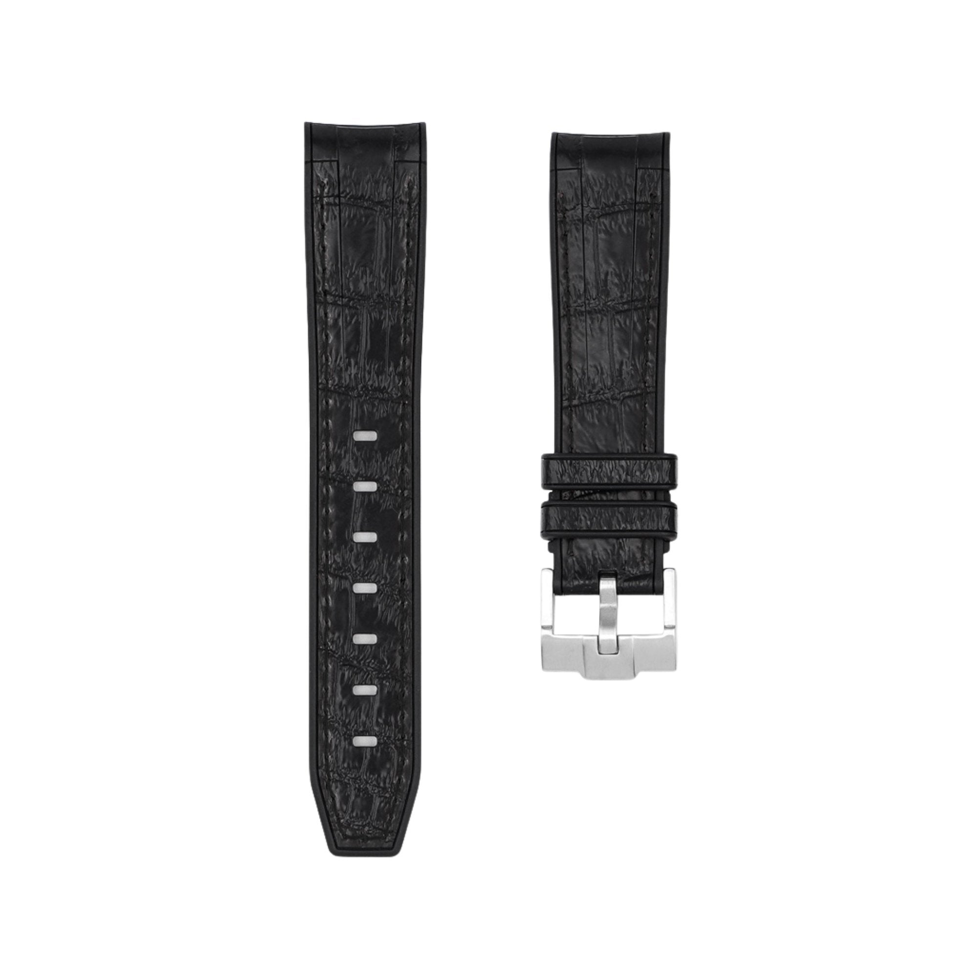 Alligator Embossed Curved End Premium Silicone Strap - Compatible with Omega Moonwatch-Black with Black Stitch (2406) -StrapSeeker