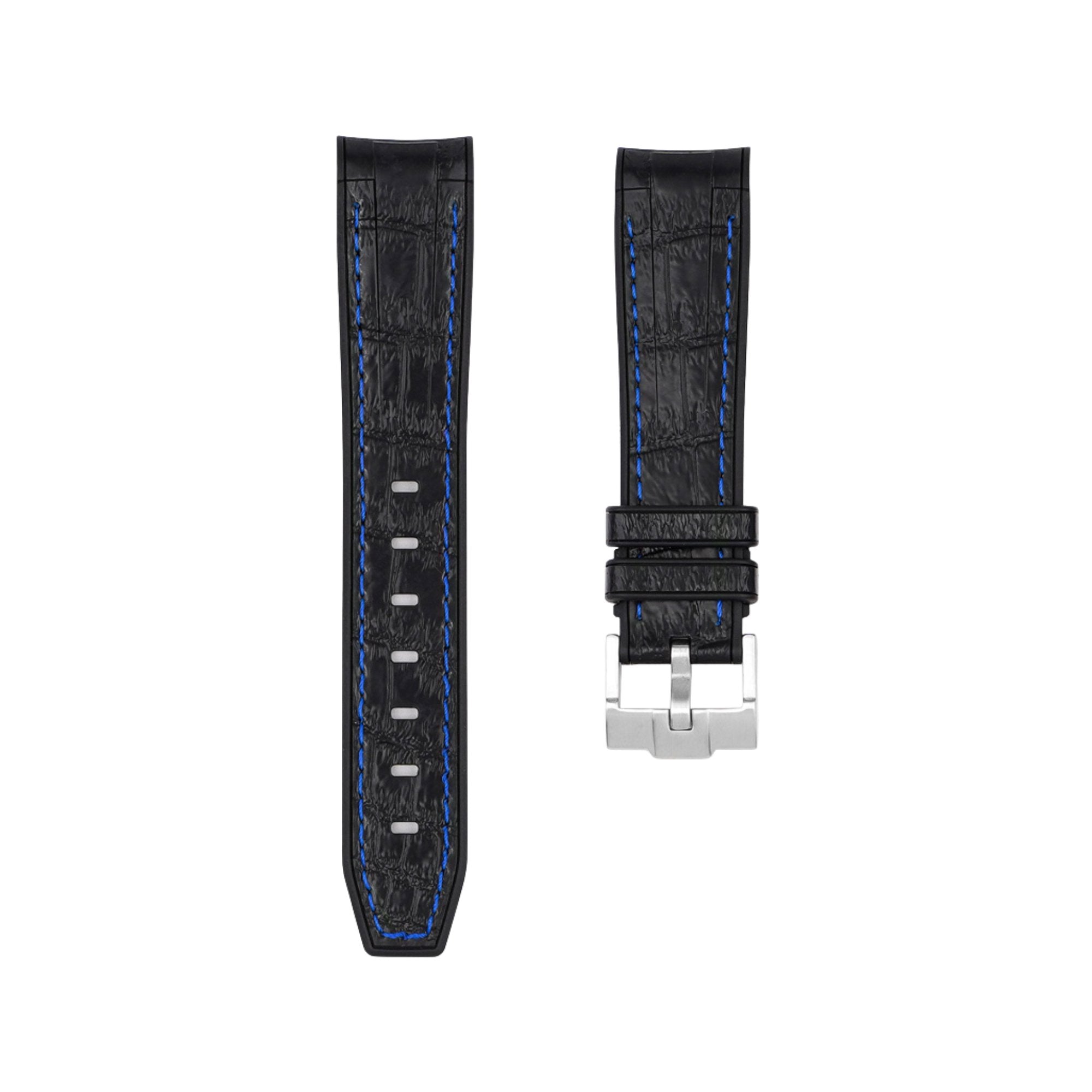 Alligator Embossed Curved End Premium Silicone Strap - Compatible with Omega Moonwatch - Black with Blue Stitch -StrapSeeker