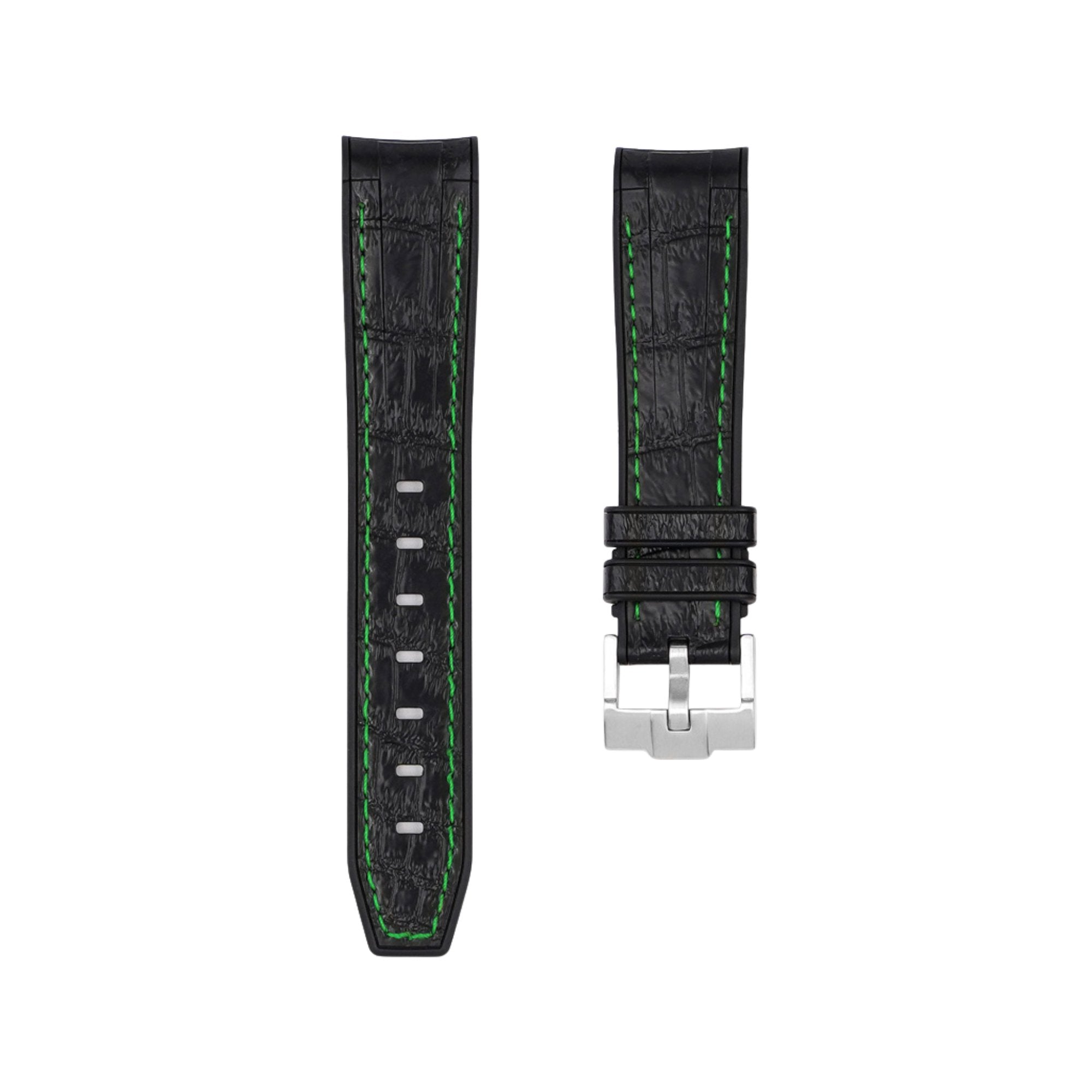 Alligator Embossed Curved End Premium Silicone Strap - Compatible with Omega Moonwatch - Black with Green Stitch (2406) -StrapSeeker