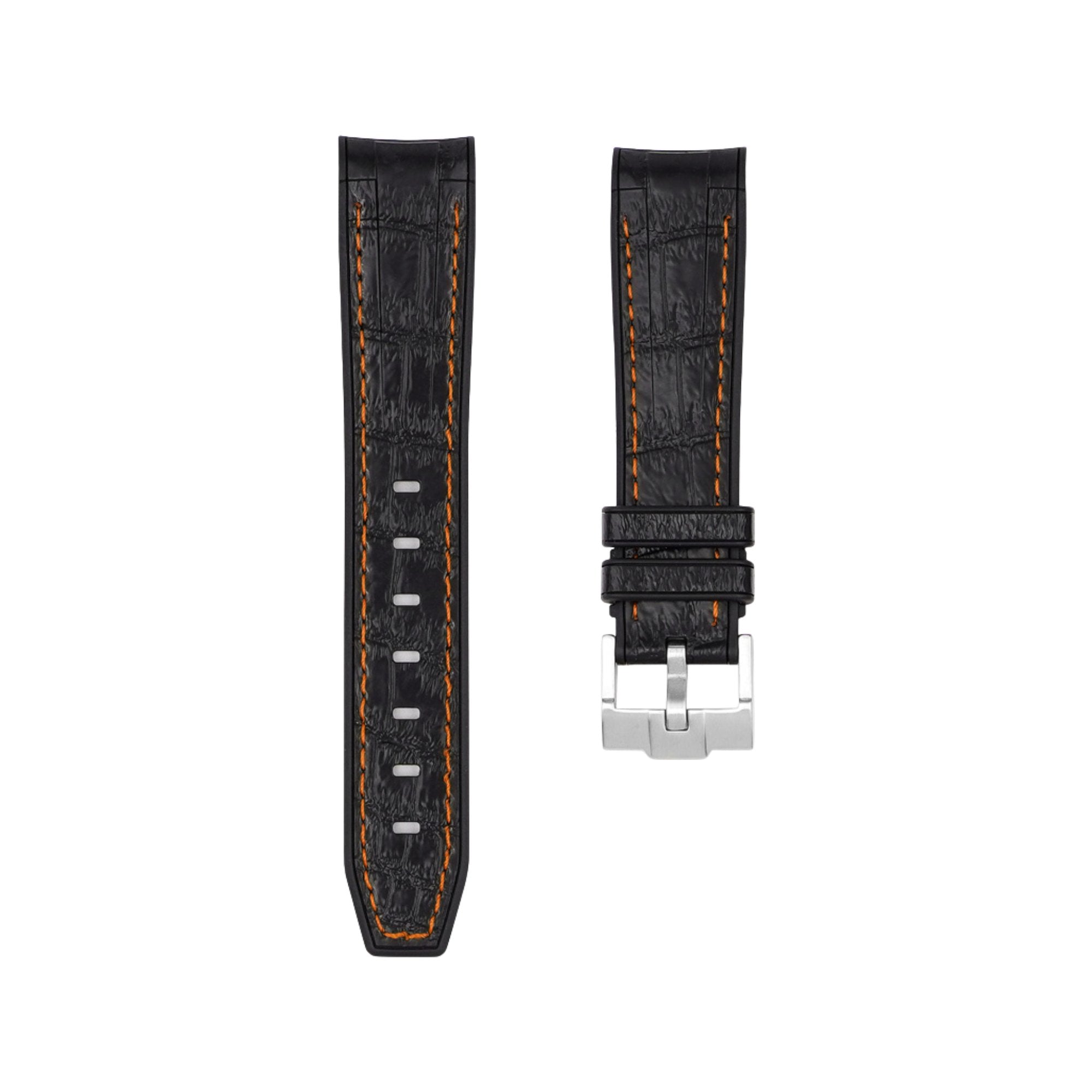 Alligator Embossed Curved End Premium Silicone Strap - Compatible with Omega Moonwatch - Black with Orange Stitch -StrapSeeker
