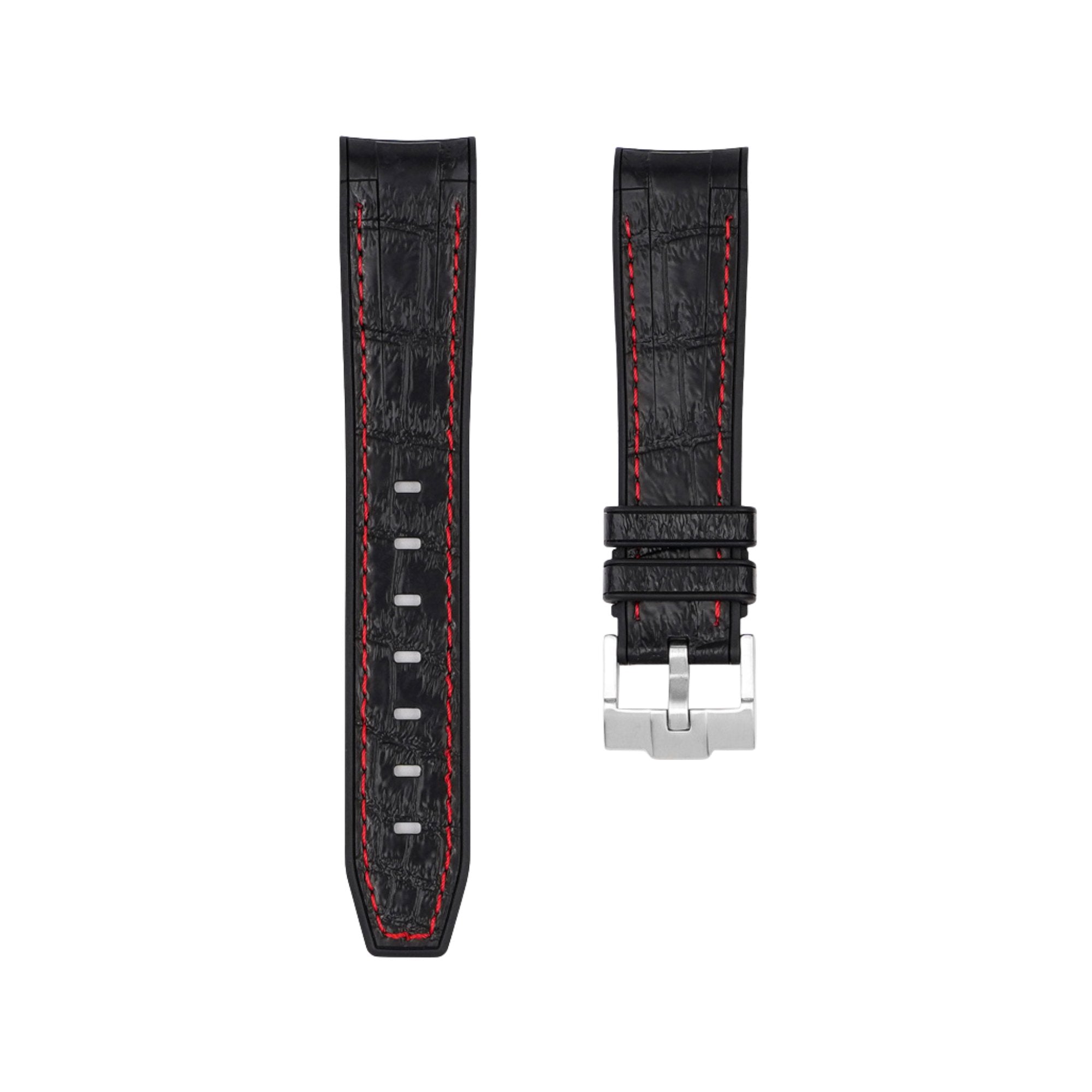Alligator Embossed Curved End Premium Silicone Strap - Compatible with Omega Moonwatch - Black with Red Stitch -StrapSeeker
