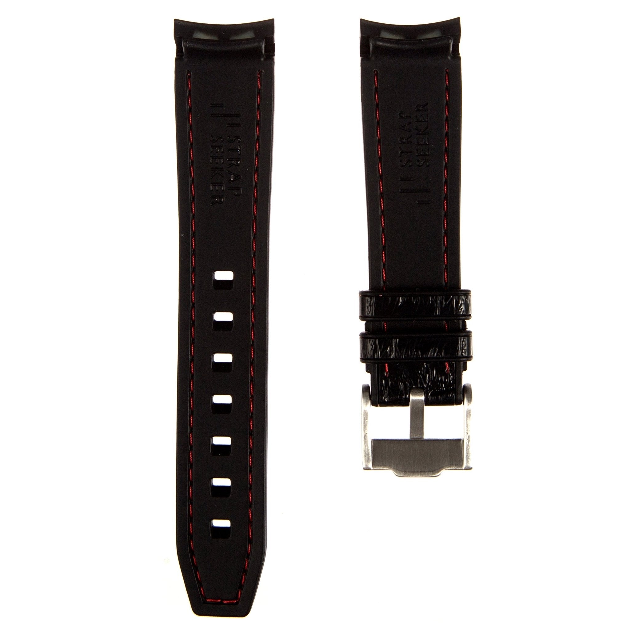 Alligator Embossed Curved End Premium Silicone Strap - Compatible with Omega Moonwatch - Black with Red Stitch (2406) -StrapSeeker