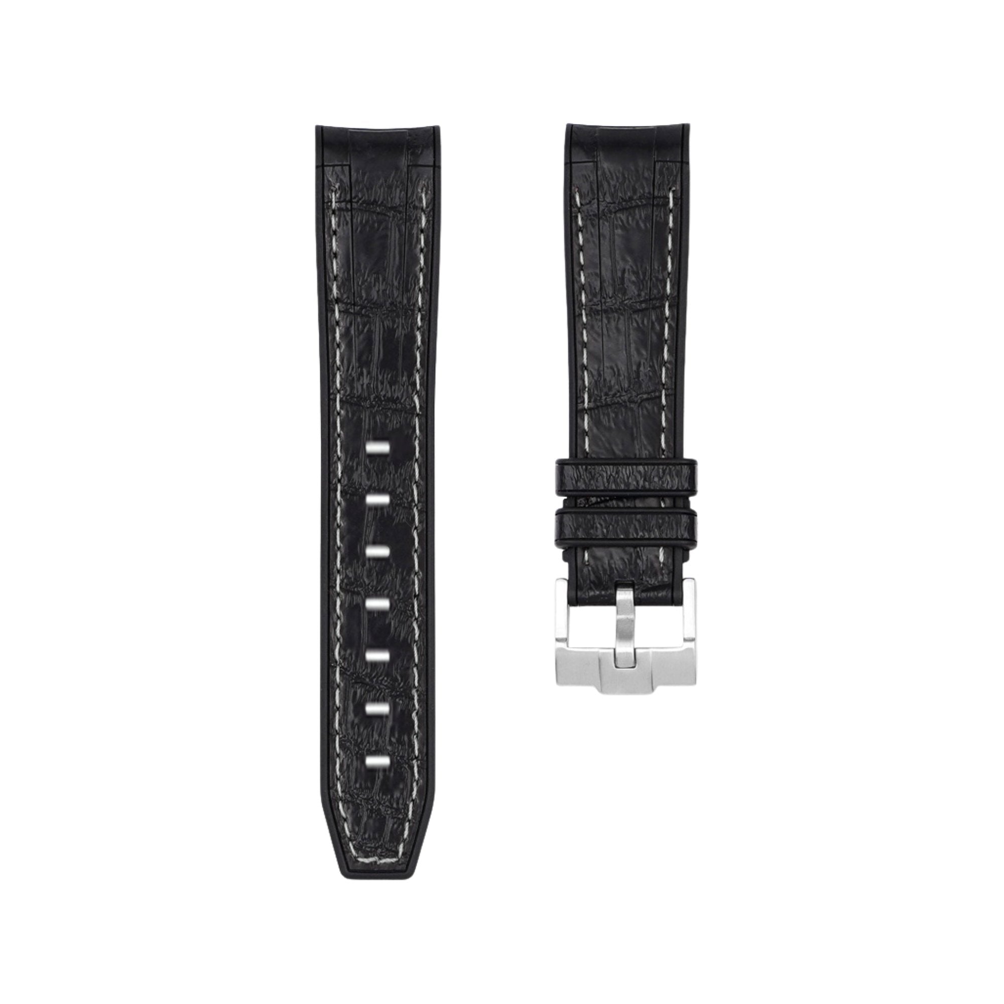 Alligator Embossed Curved End Premium Silicone Strap - Compatible with Omega Moonwatch - Black with White Stitch -StrapSeeker