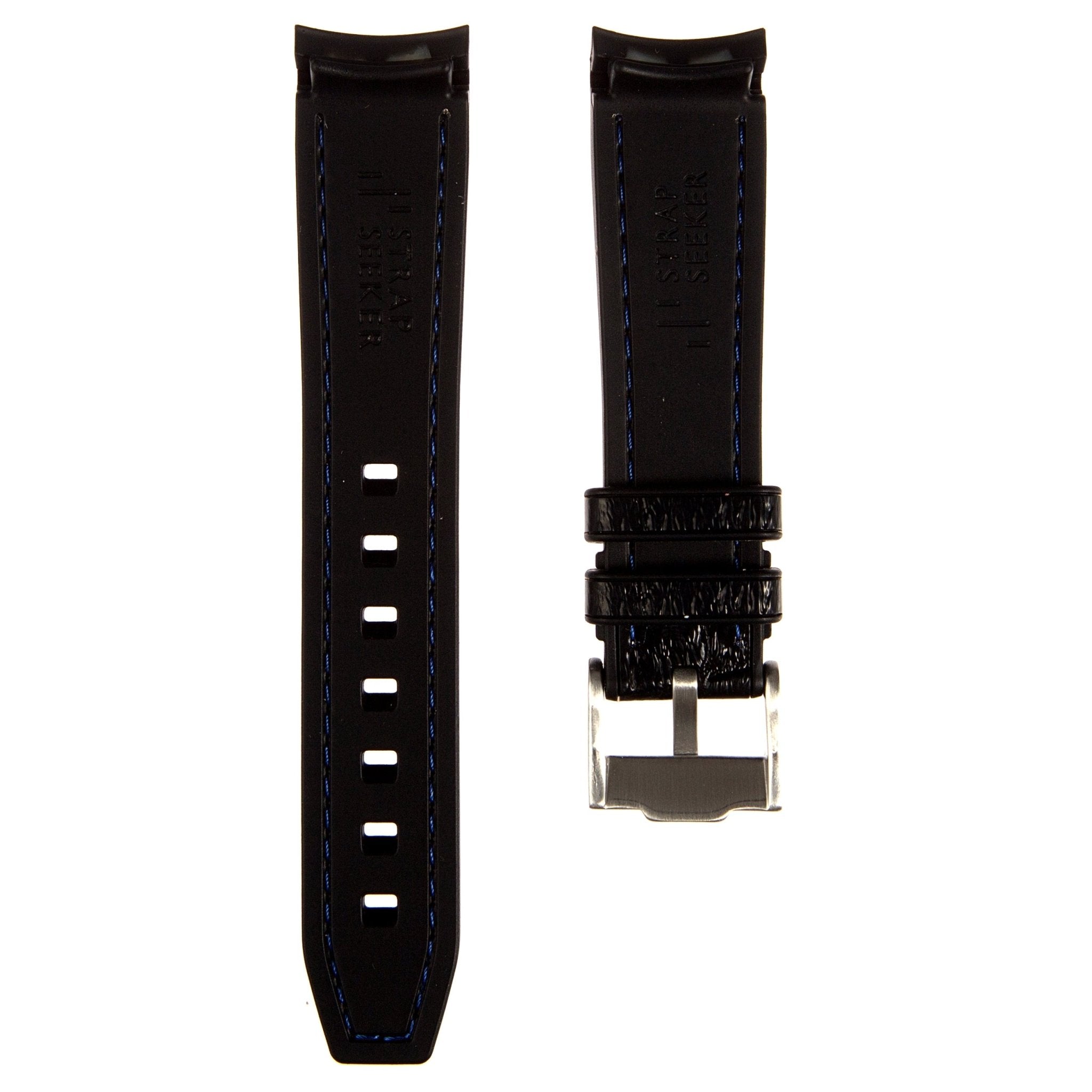 Alligator Embossed Curved End Premium Silicone Strap - Compatible with Omega x Swatch - Black with Blue Stitch (2406) -StrapSeeker