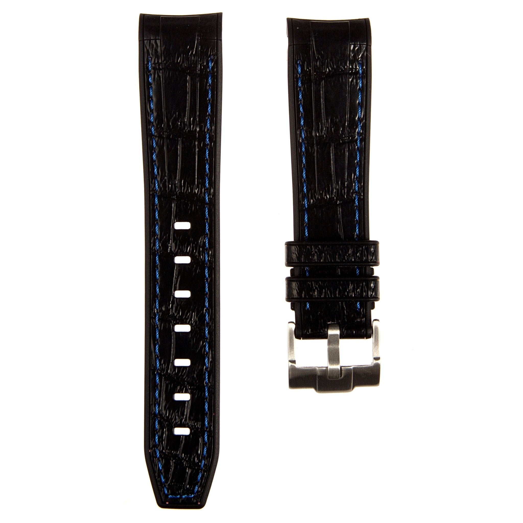 Alligator Embossed Curved End Premium Silicone Strap - Compatible with Omega x Swatch - Black with Blue Stitch (2406) -StrapSeeker