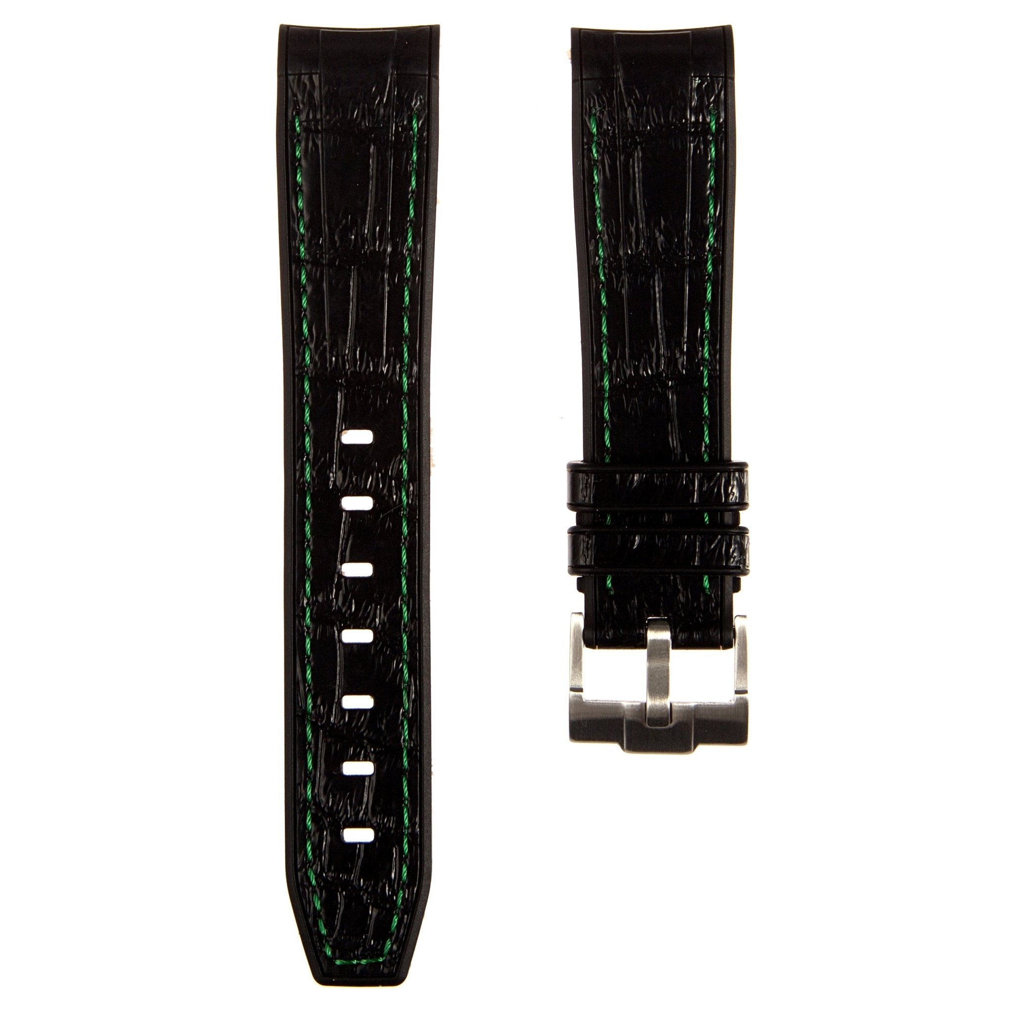 Alligator Embossed Curved End Premium Silicone Strap - Compatible with Omega x Swatch - Black with Green Stitch (2406) -StrapSeeker