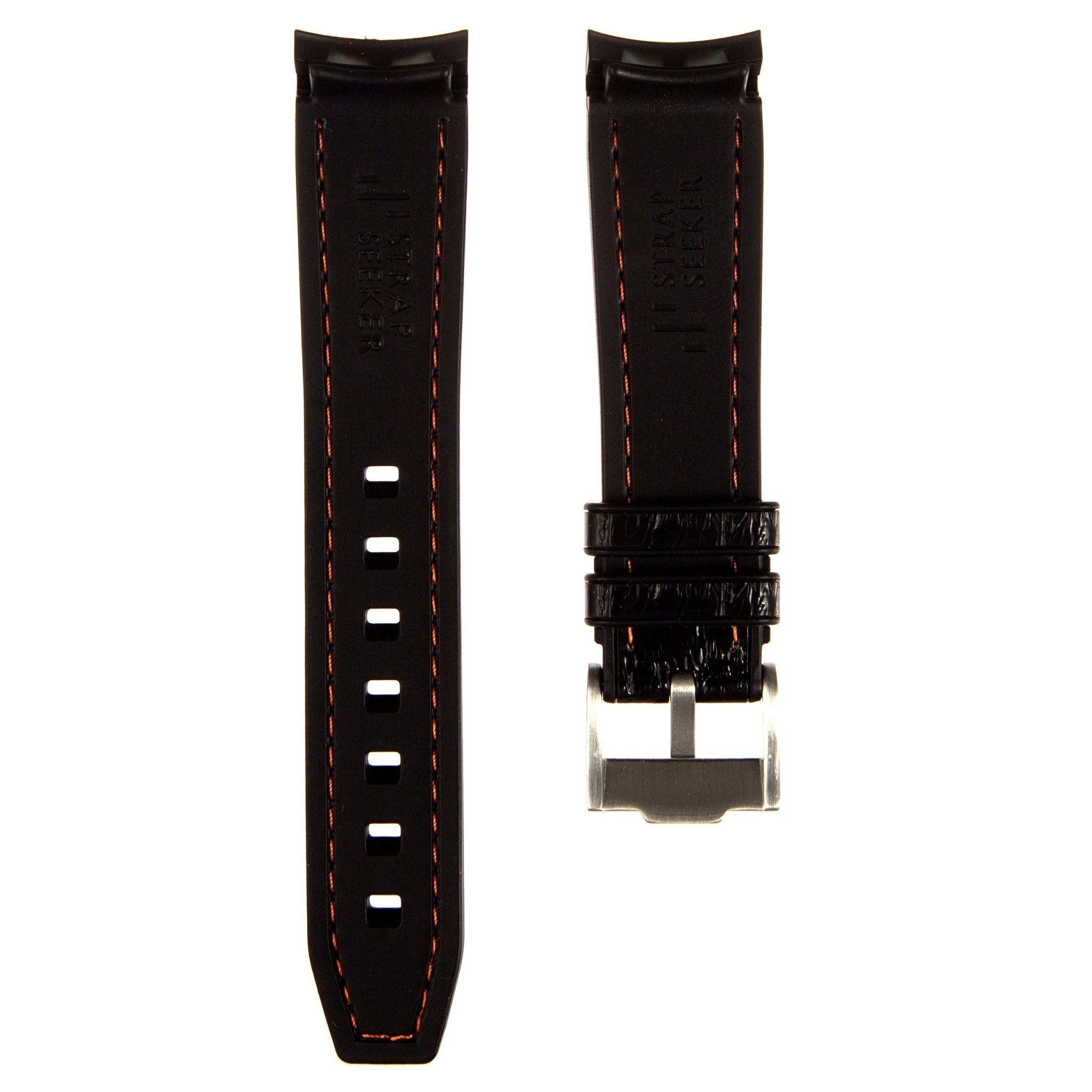 Alligator Embossed Curved End Premium Silicone Strap - Compatible with Omega x Swatch - Black with Orange Stitch (2406) -StrapSeeker