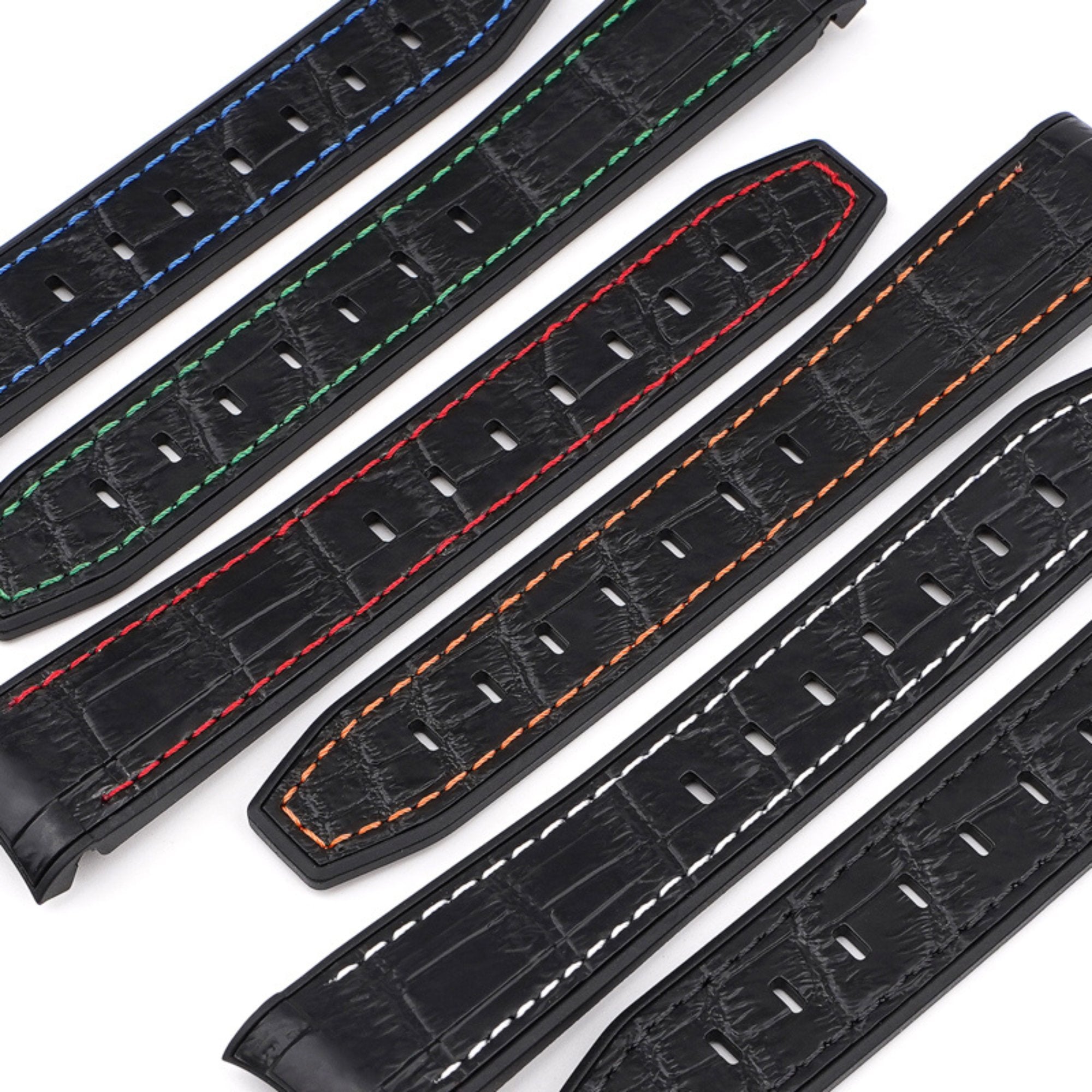 Alligator Embossed Curved End Premium Silicone Strap - Compatible with Omega x Swatch - Black with Orange Stitch (2406) -StrapSeeker