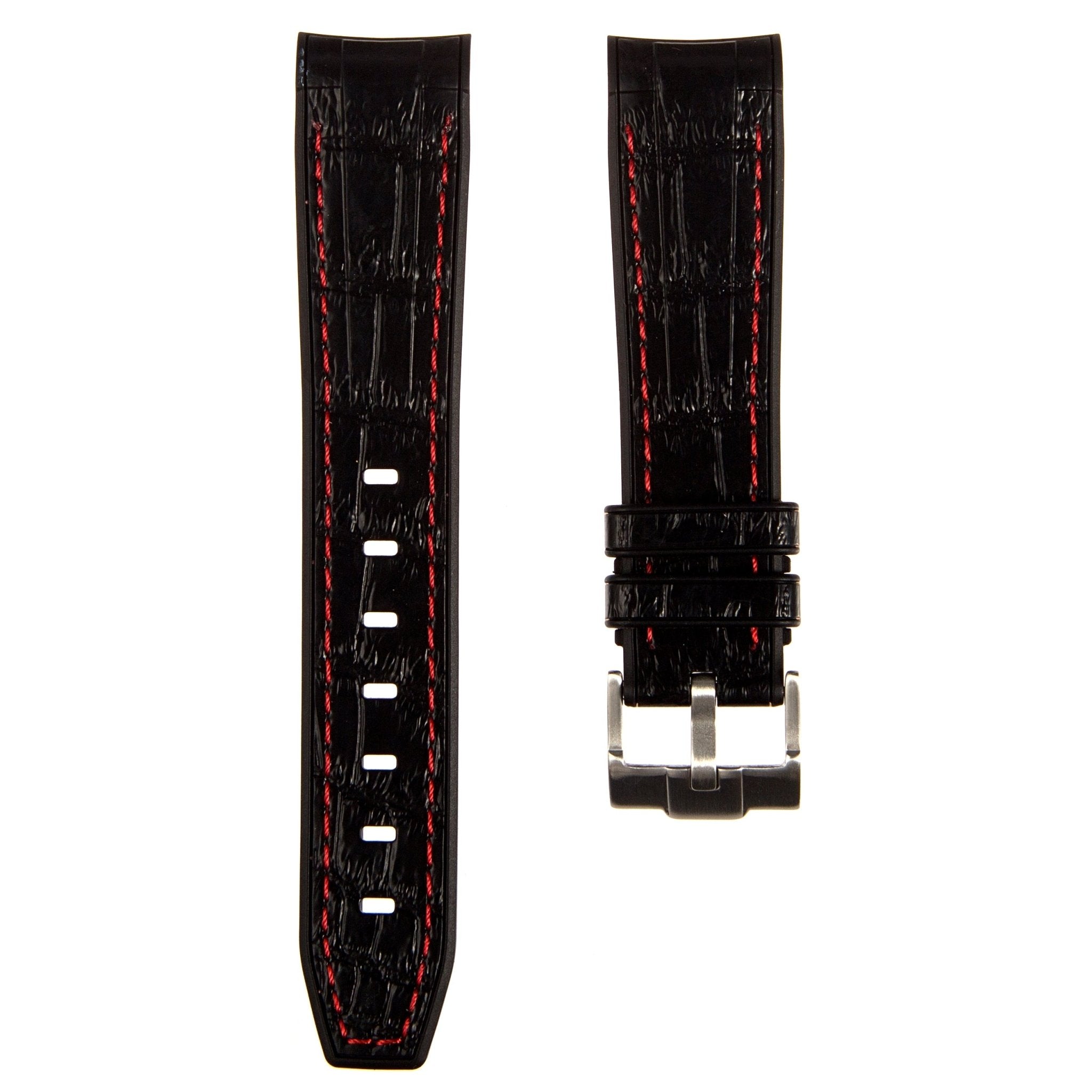 Alligator Embossed Curved End Premium Silicone Strap - Compatible with Omega x Swatch - Black with Red Stitch (2406) -StrapSeeker