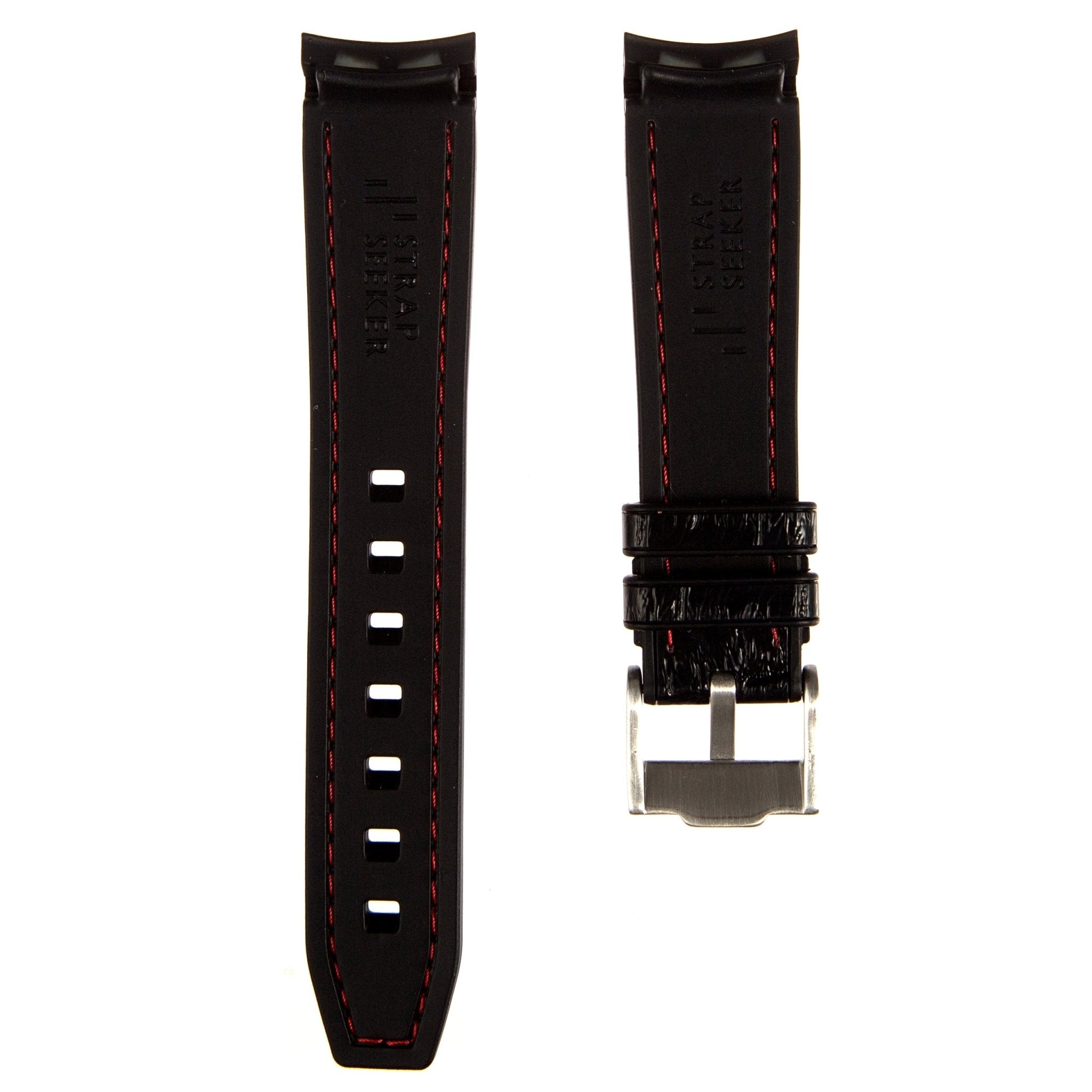 Alligator Embossed Curved End Premium Silicone Strap - Compatible with Omega x Swatch - Black with Red Stitch (2406) -StrapSeeker