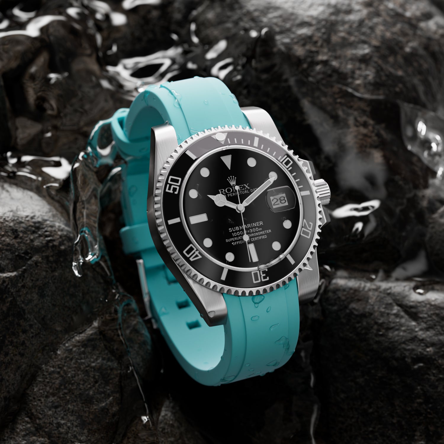 Curved End Soft Silicone Strap - Compatible with Rolex Submariner - Sea Blue (2418) -StrapSeeker
