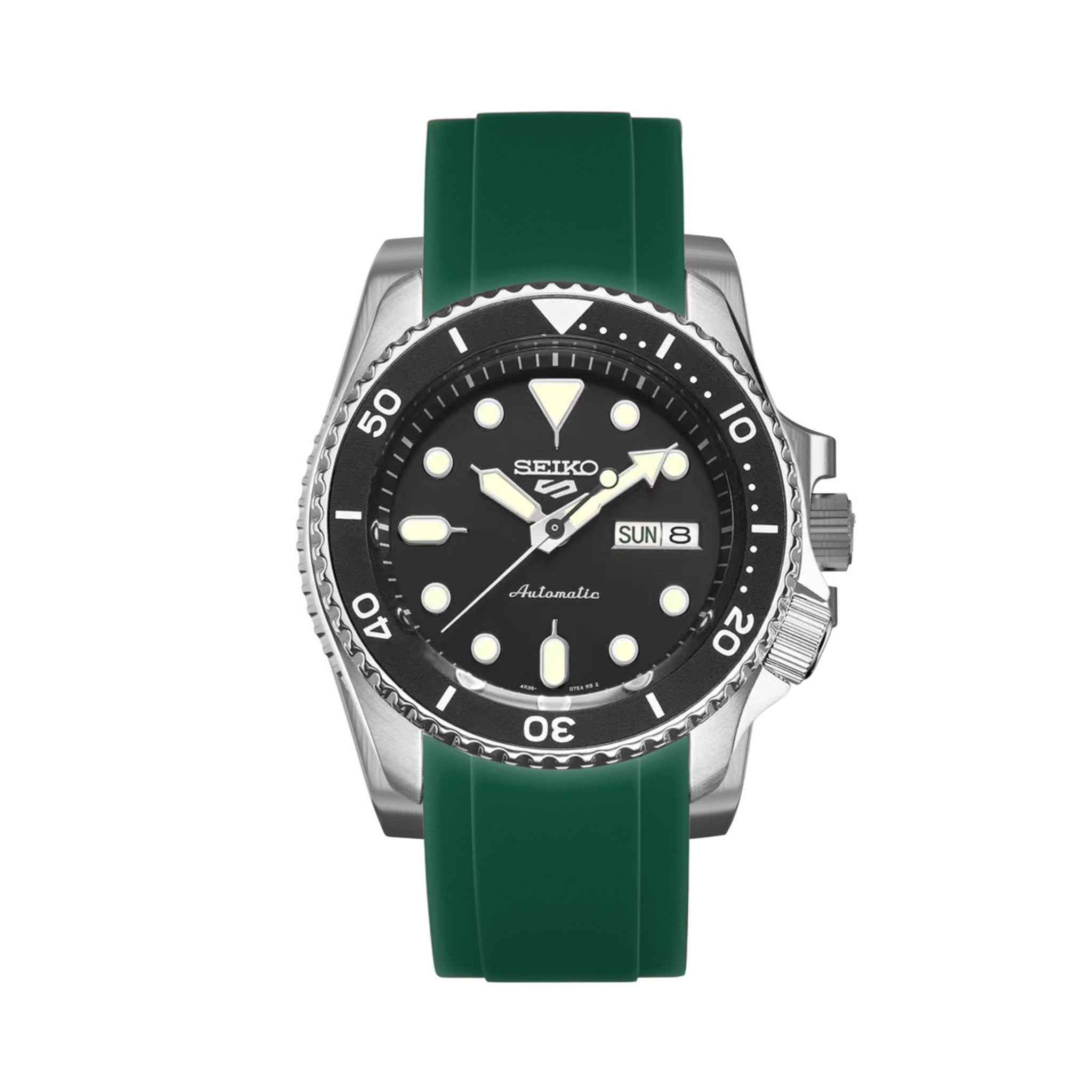 Curved End Soft Silicone Strap - Compatible with Seiko 5 Sports - Dark Green (2418) -StrapSeeker