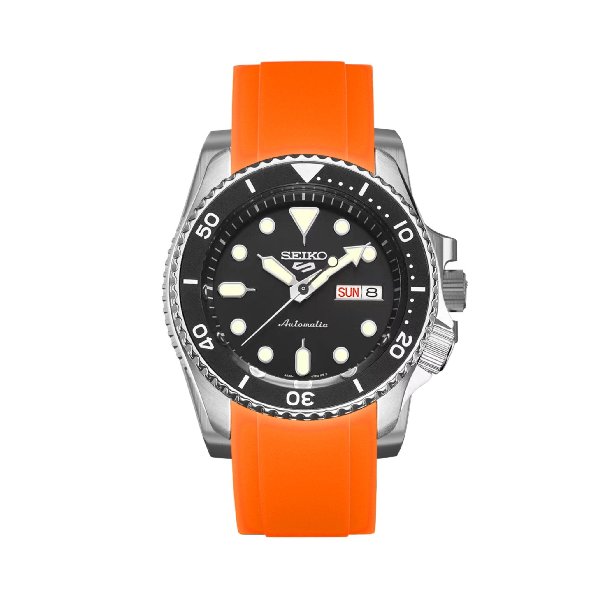 Curved End Soft Silicone Strap - Compatible with Seiko 5 Sports – Orange (2418) -StrapSeeker