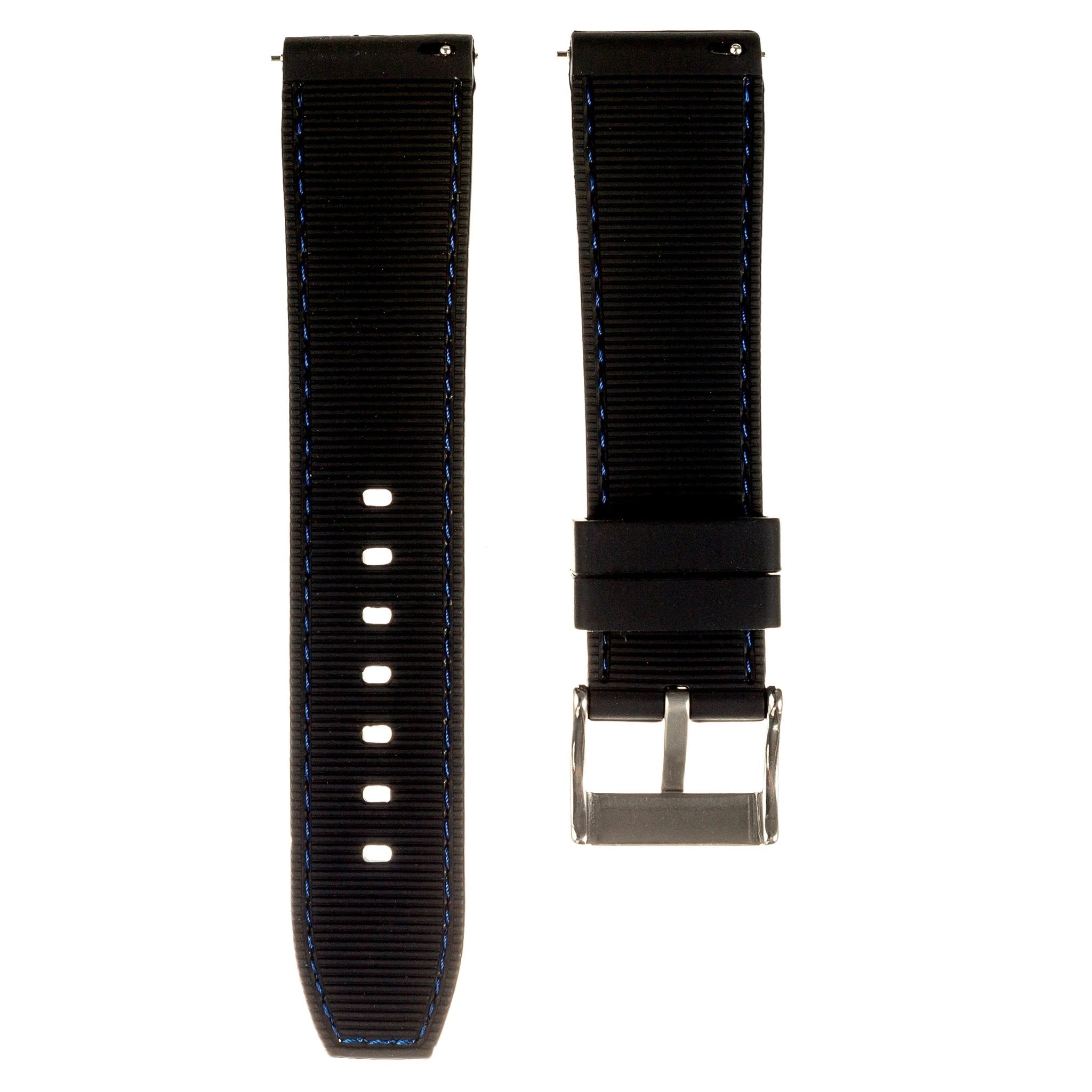 Perforated Stitch Soft Silicone Strap - Quick-Release - Black with Blue Stitch (2401) -StrapSeeker