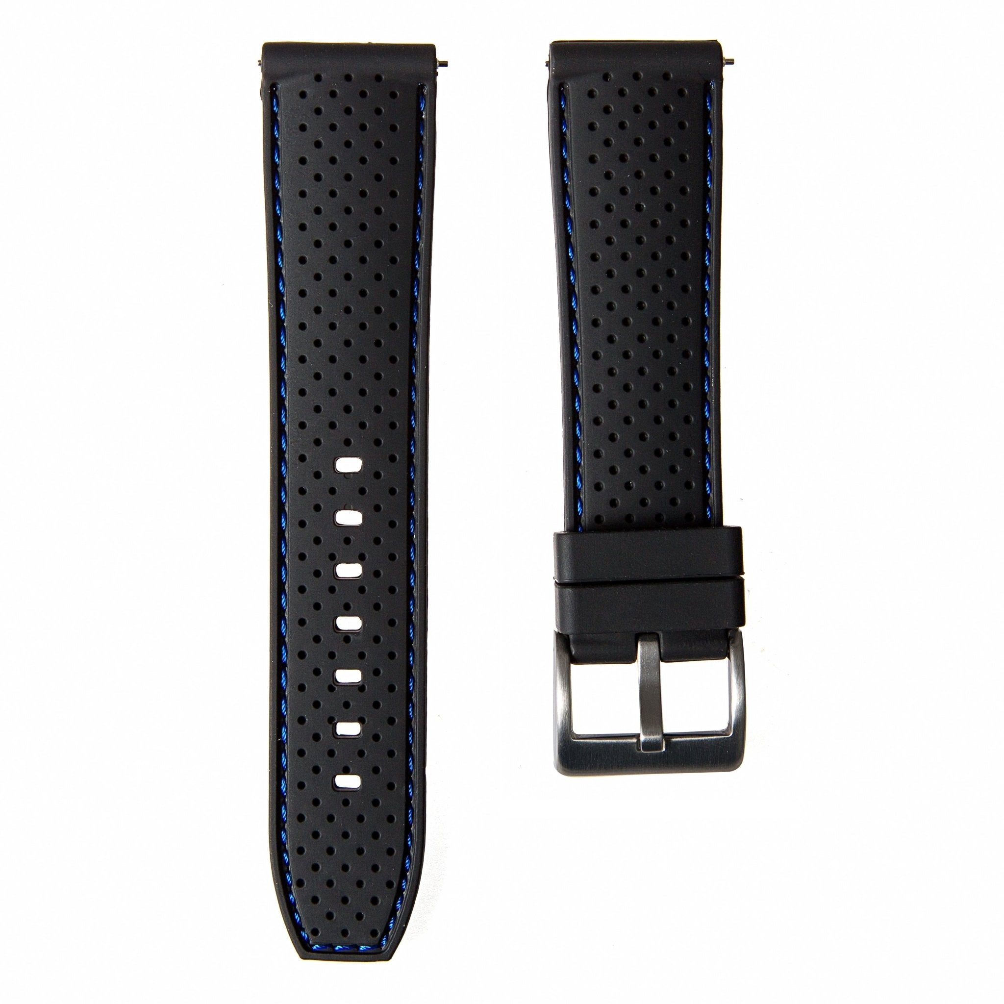 Perforated Stitch Soft Silicone Strap - Quick-Release - Black with Blue Stitch (2401) -StrapSeeker