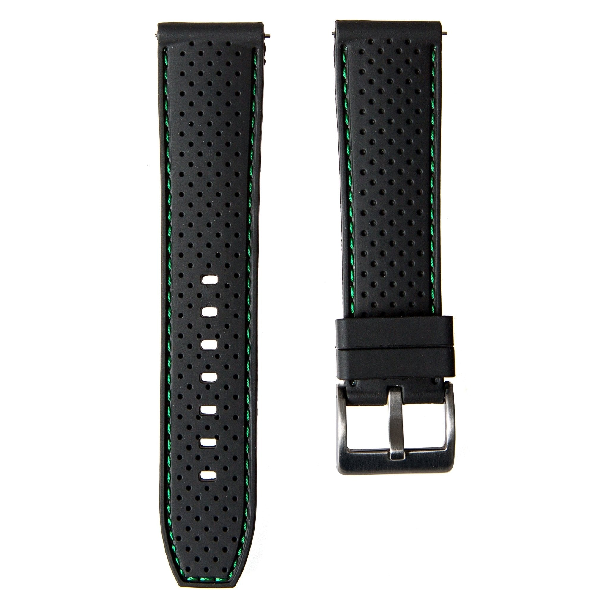 Perforated Stitch Soft Silicone Strap - Quick-Release - Black with Green Stitch (2401) -StrapSeeker
