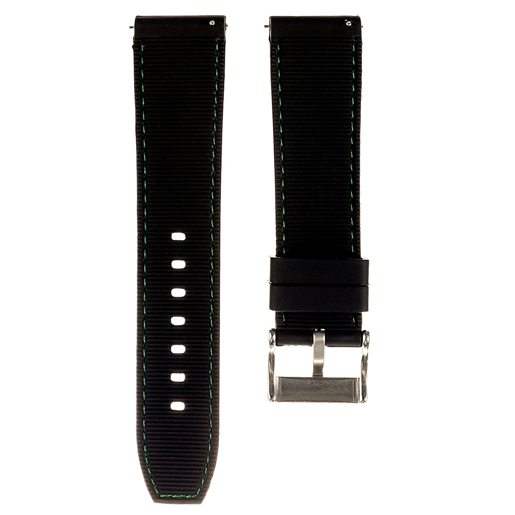 Perforated Stitch Soft Silicone Strap - Quick-Release - Black with Green Stitch (2401) -StrapSeeker