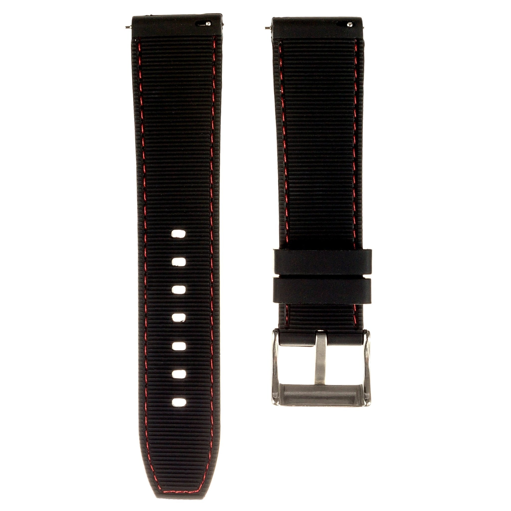 Perforated Stitch Soft Silicone Strap - Quick-Release - Black with Red Stitch (2401) -StrapSeeker