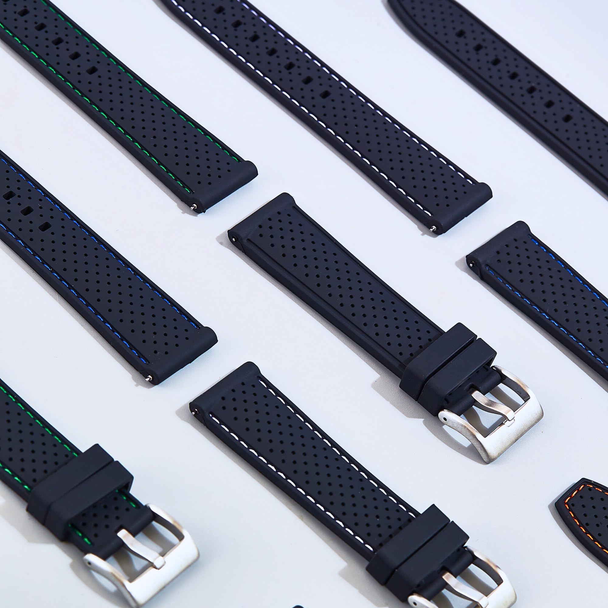 Perforated Stitch Soft Silicone Strap - Quick-Release - Black with White Stitch (2401) -StrapSeeker