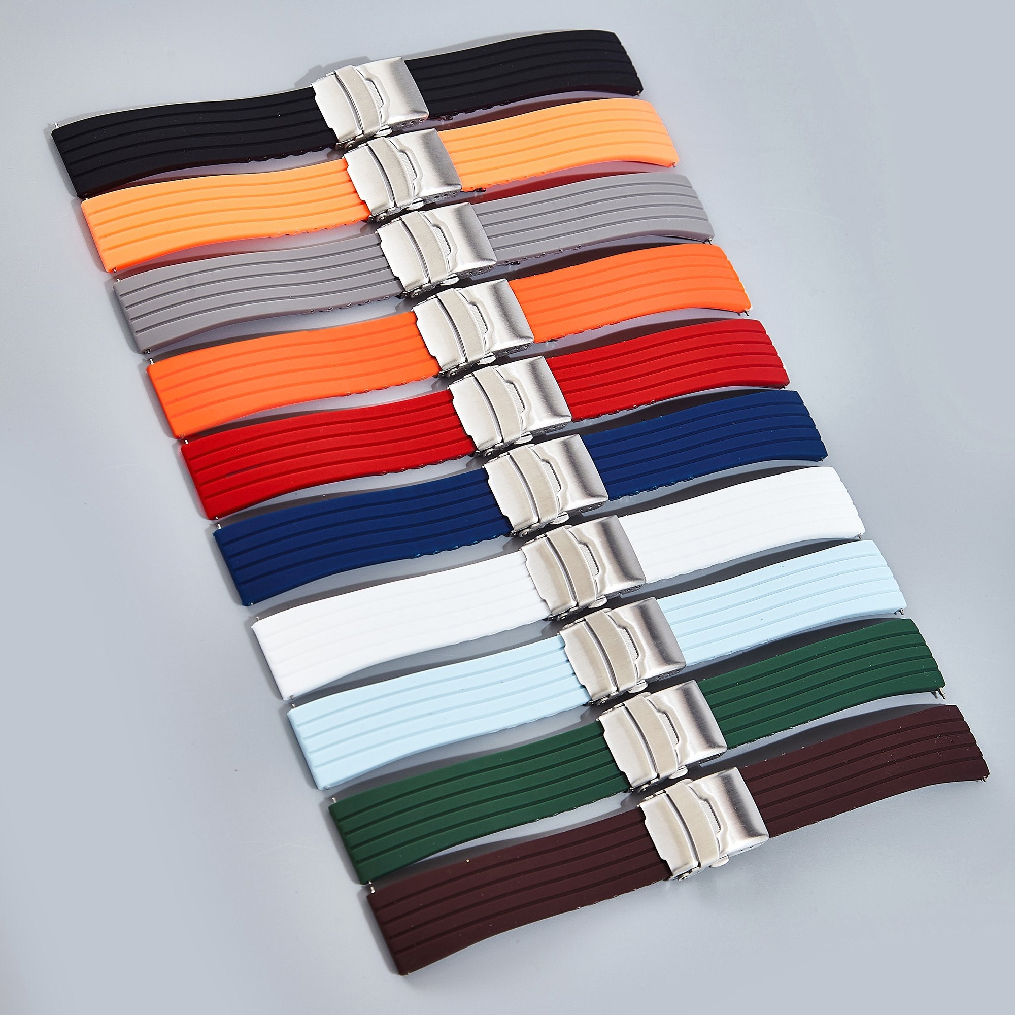 Stripe Cut-to-Length Soft Silicone Strap-Quick Release-Deployment Clasp-Brown -StrapSeeker