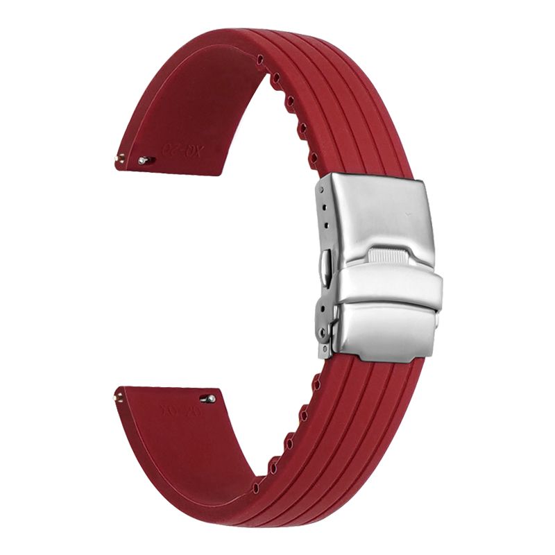 Stripe Cut-to-Length Soft Silicone Strap-Quick Release-Deployment Clasp-Dark Red -StrapSeeker