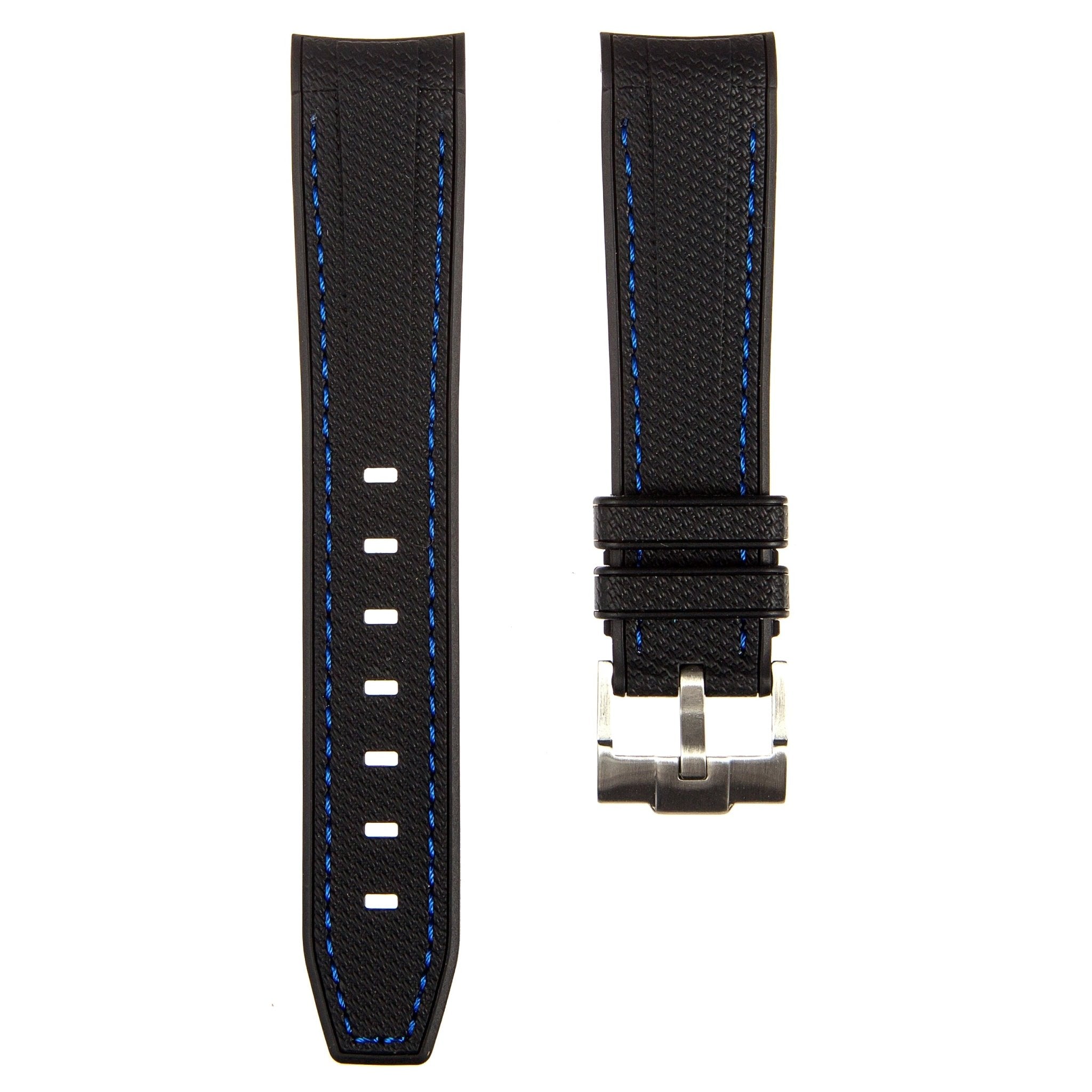 Textured Curved End Premium Silicone Strap - Black with Blue Stitch (2405) -StrapSeeker