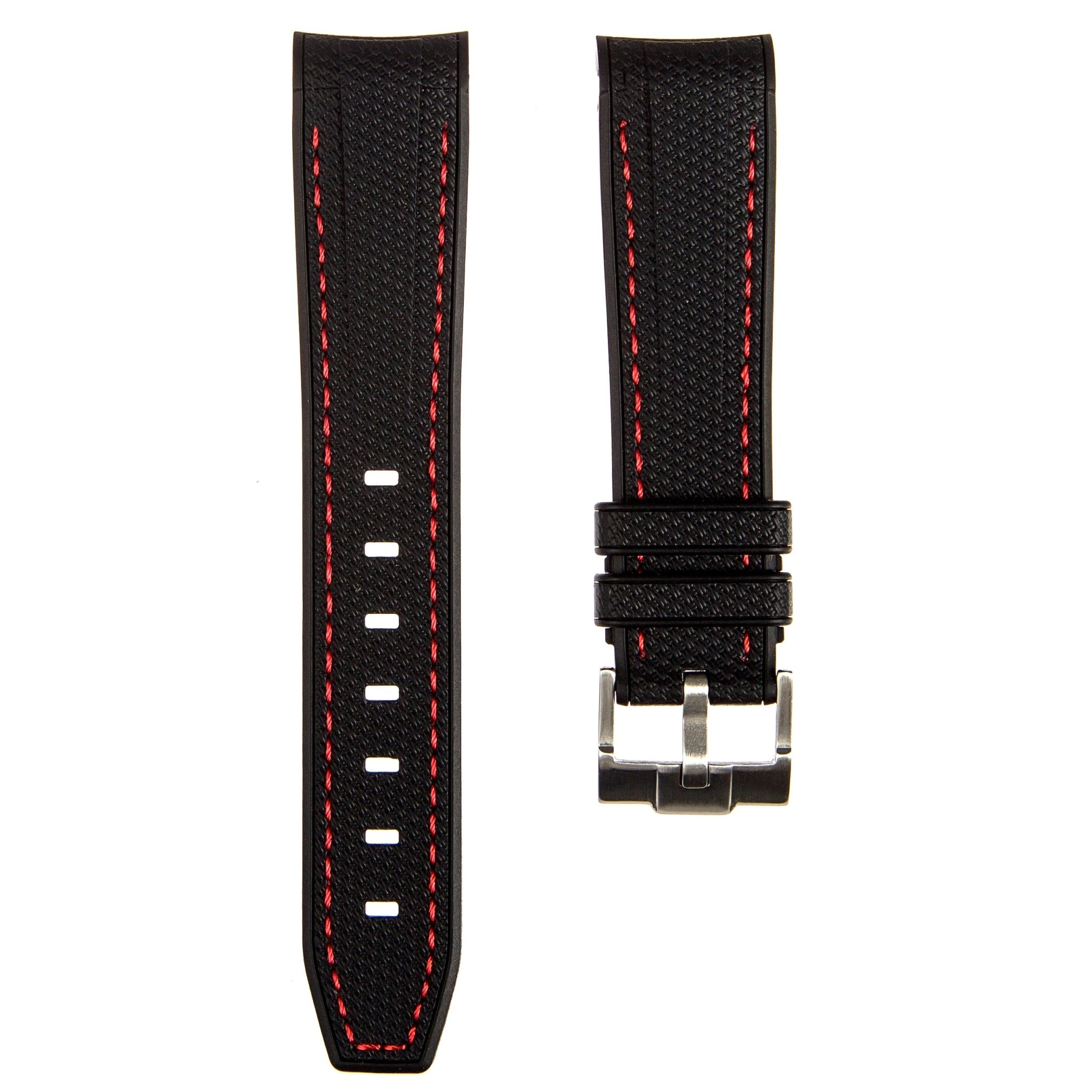 Textured Curved End Premium Silicone Strap - Black with Red Stitch (2405) -StrapSeeker